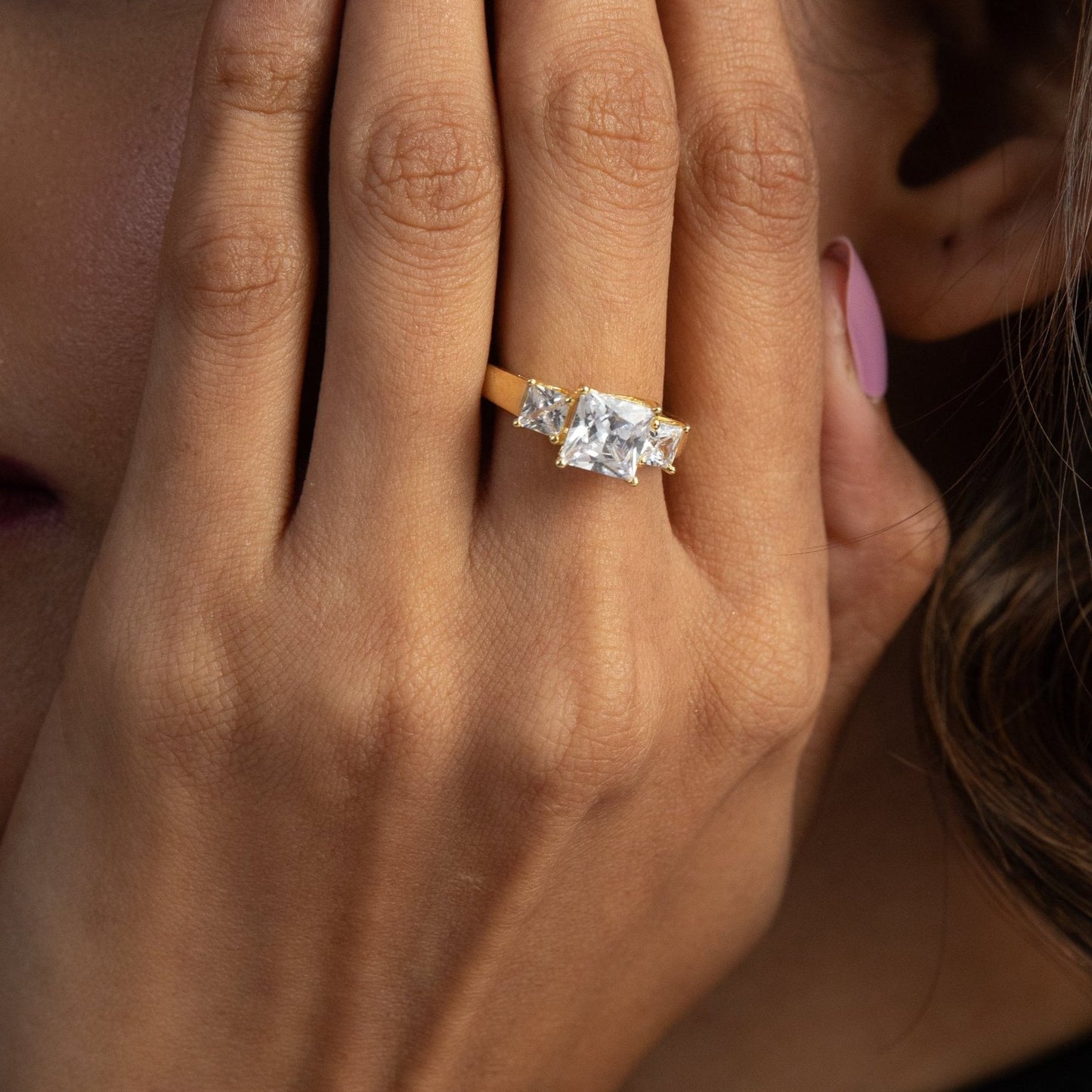Celestia Three Stone Gold Plated CZ Silver Ring