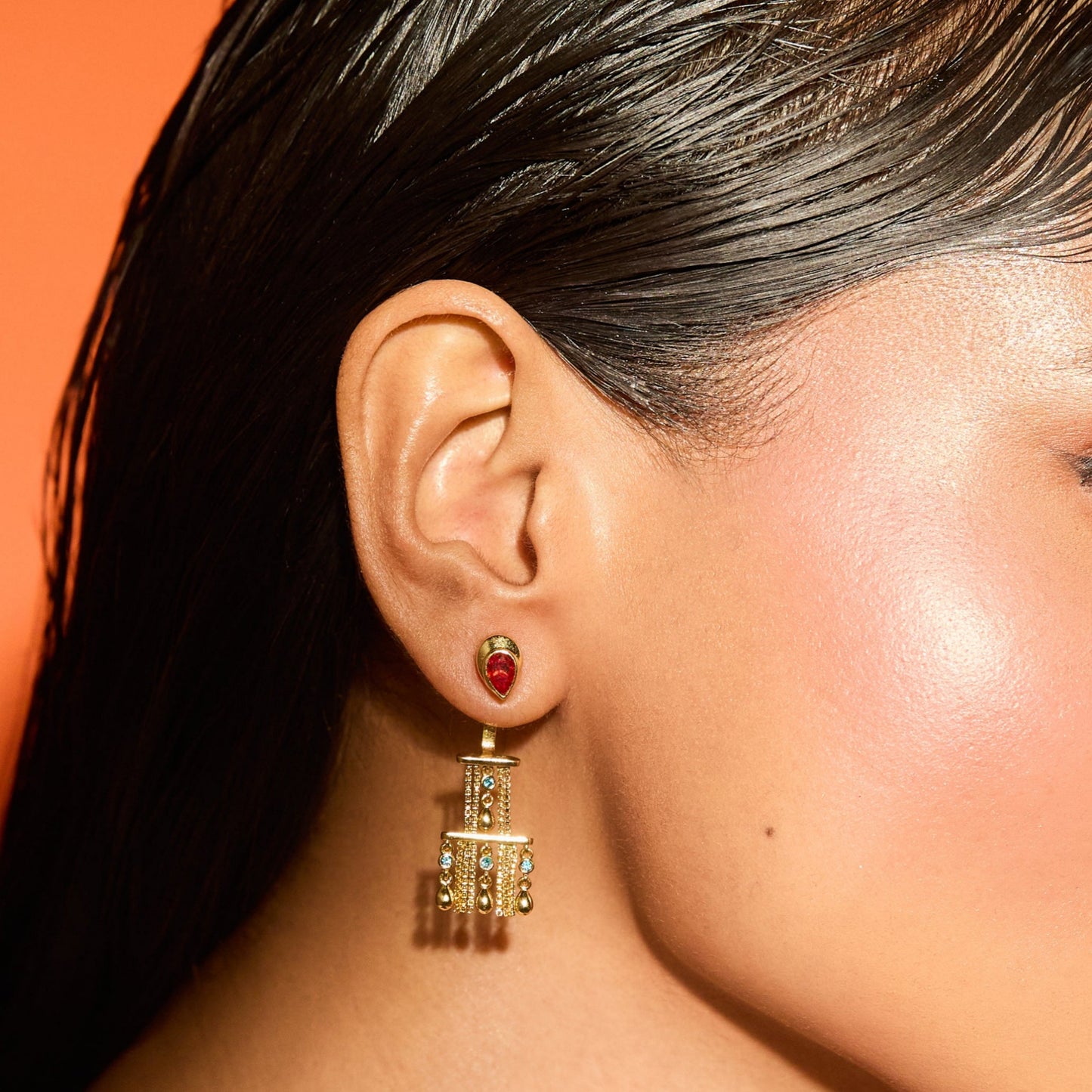 Fringe Tiered Sparkle Gold Plated Silver Statement Earrings