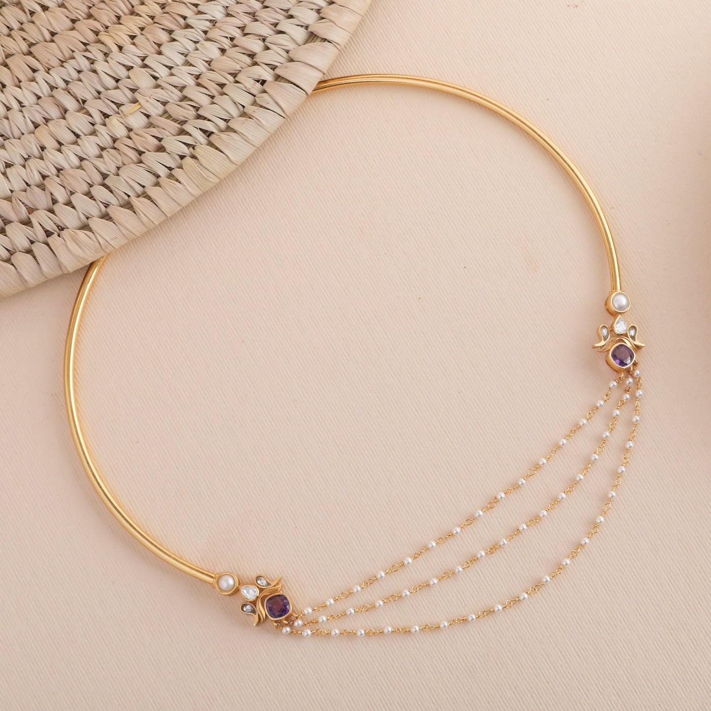 Vibha Gold Plated Gemstone and Pearl chain Hasli