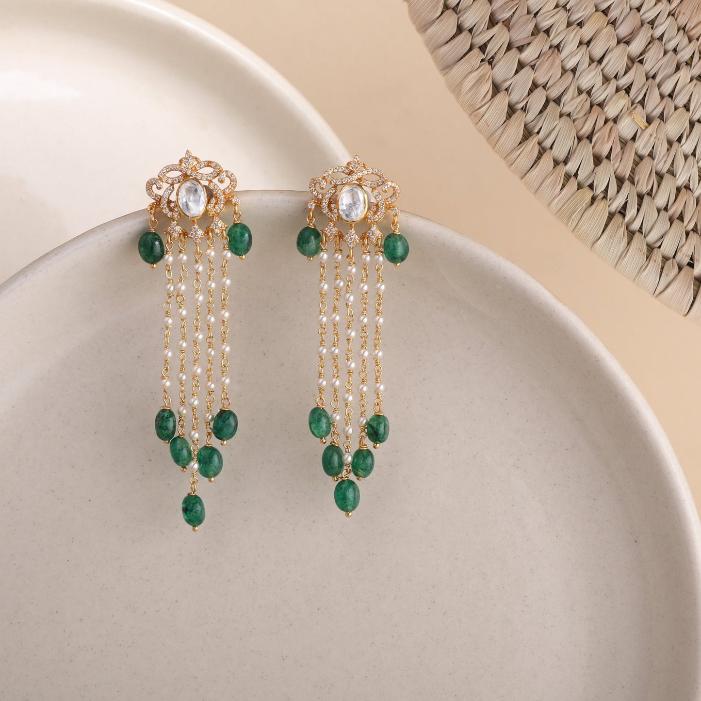 Anya Gold Plated Moissaanite and Pearl Chain Silver Earrings