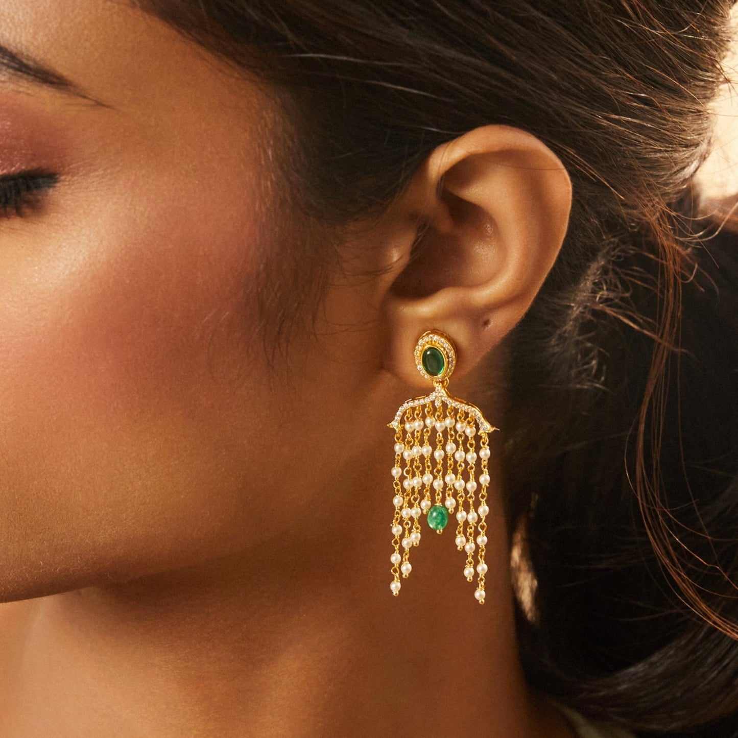 Myra Gold Plated Gemstone and Pearl chain Silver Earrings