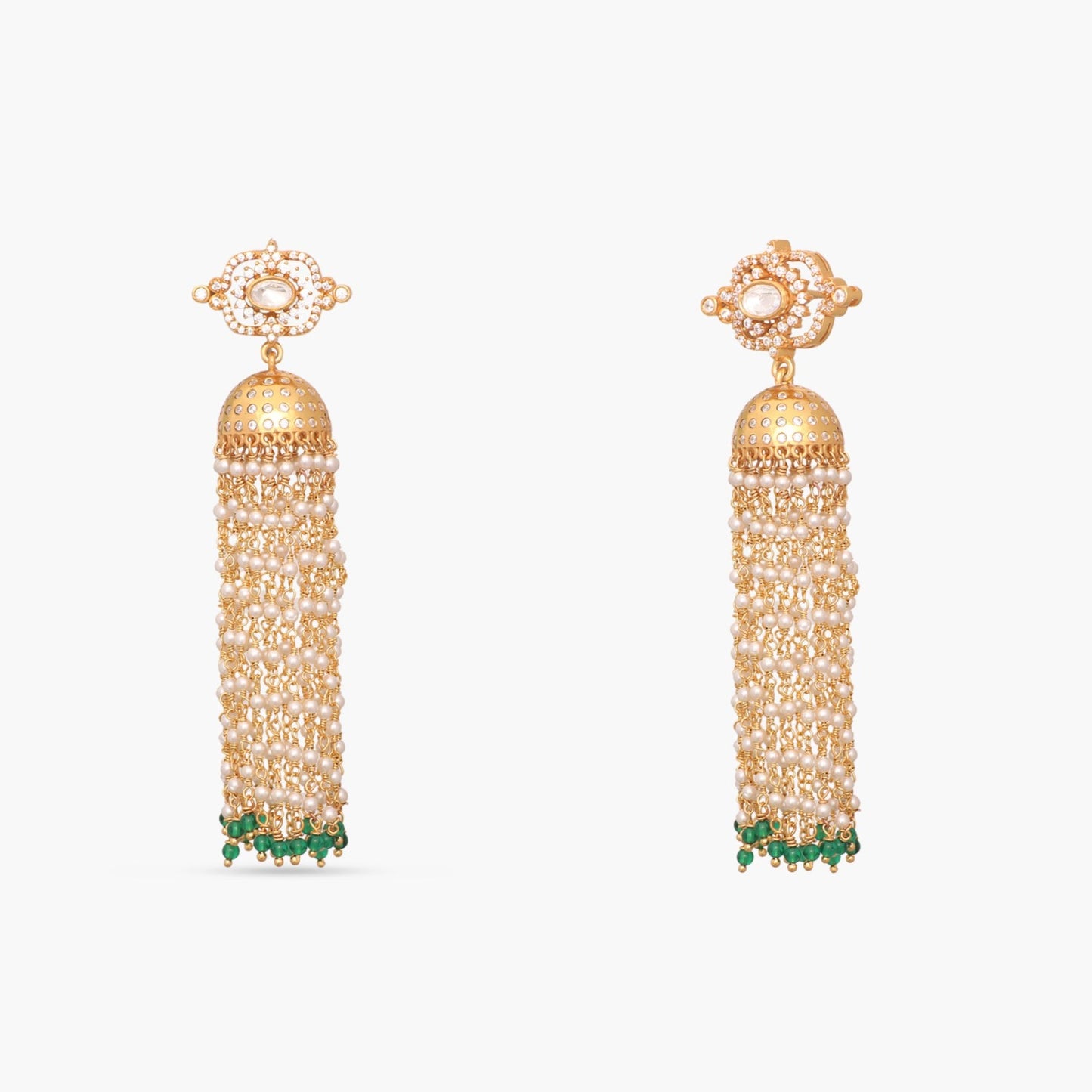 Noor Gold plated Pearl chain Moissanite and CZ Silver Jhumka