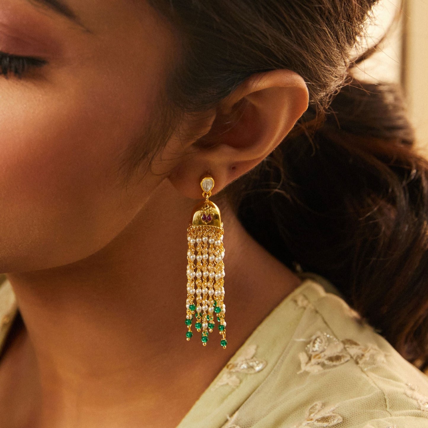 Paisley Gold Plated Pearl chain and Moissanite Jhumka