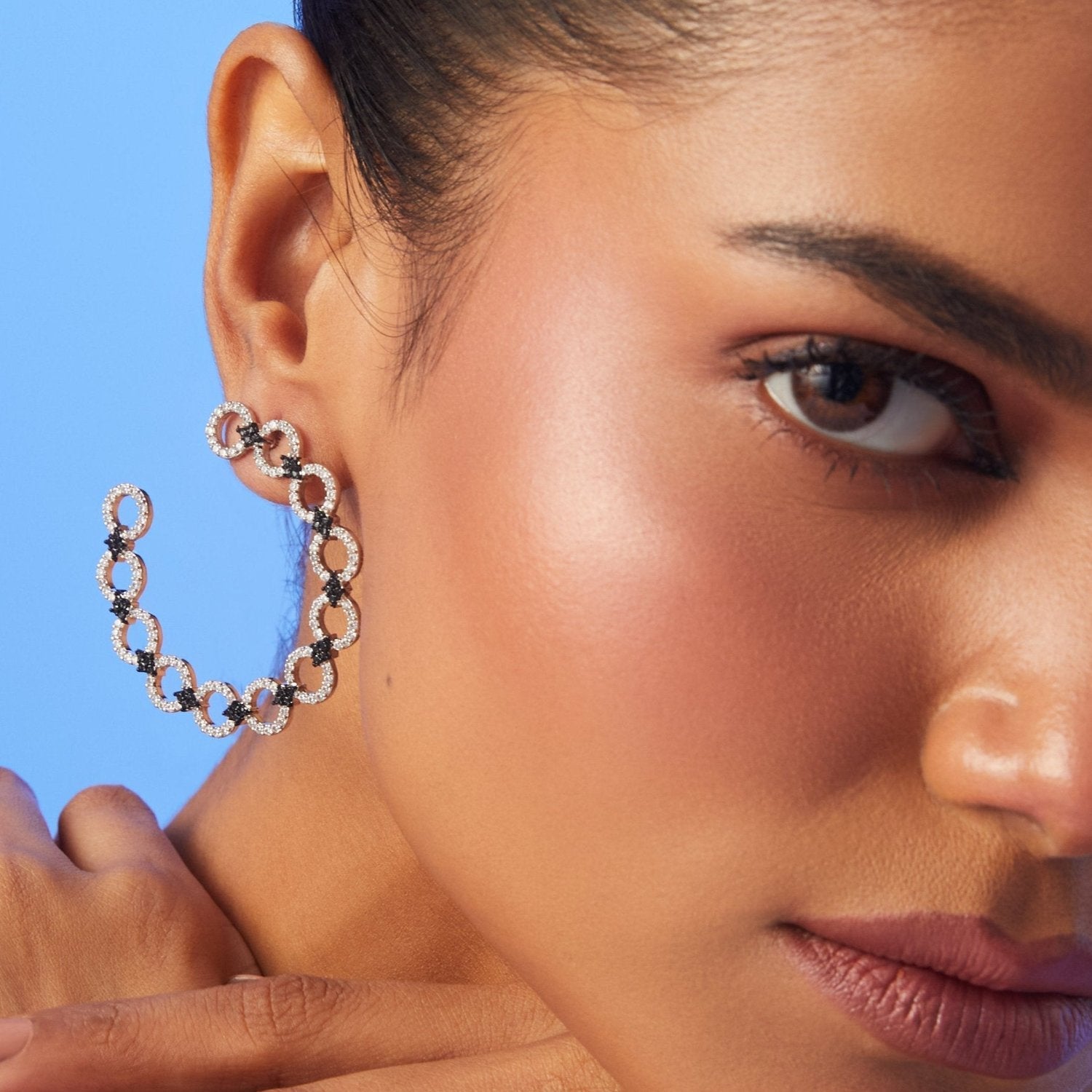 Monochrome Play Front-Back CZ Silver Hoop Earrings
