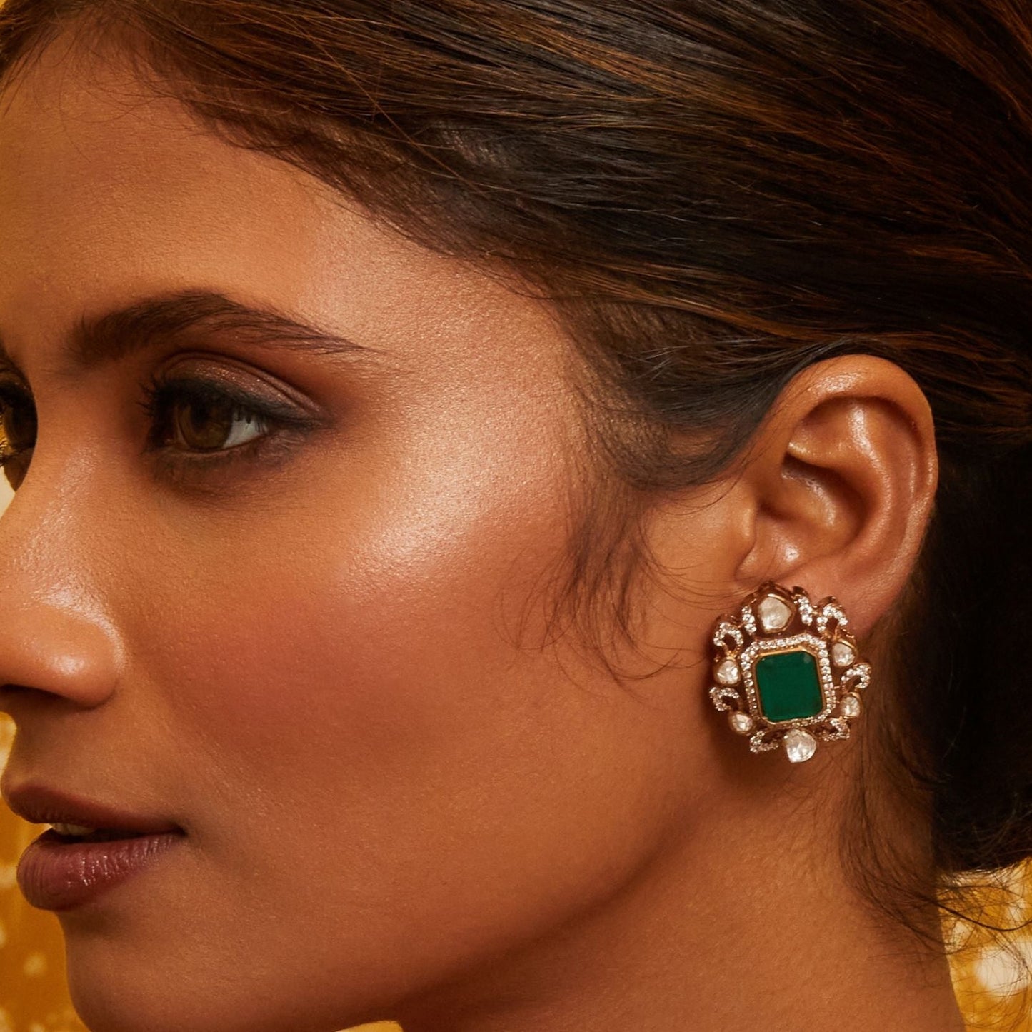 Square Emerald Silver Stud Earrings