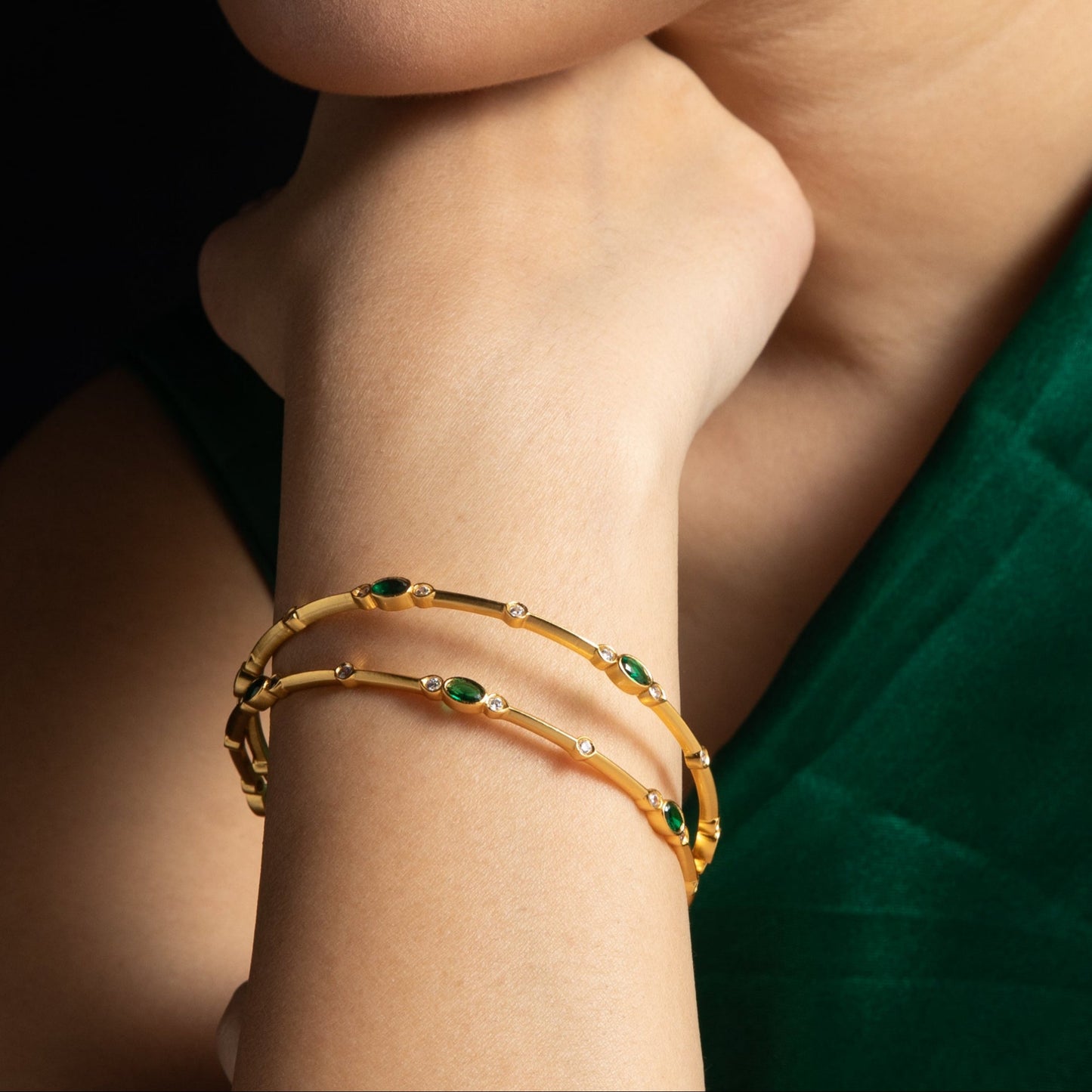 Nyra Modern Green CZ Silver Bangles