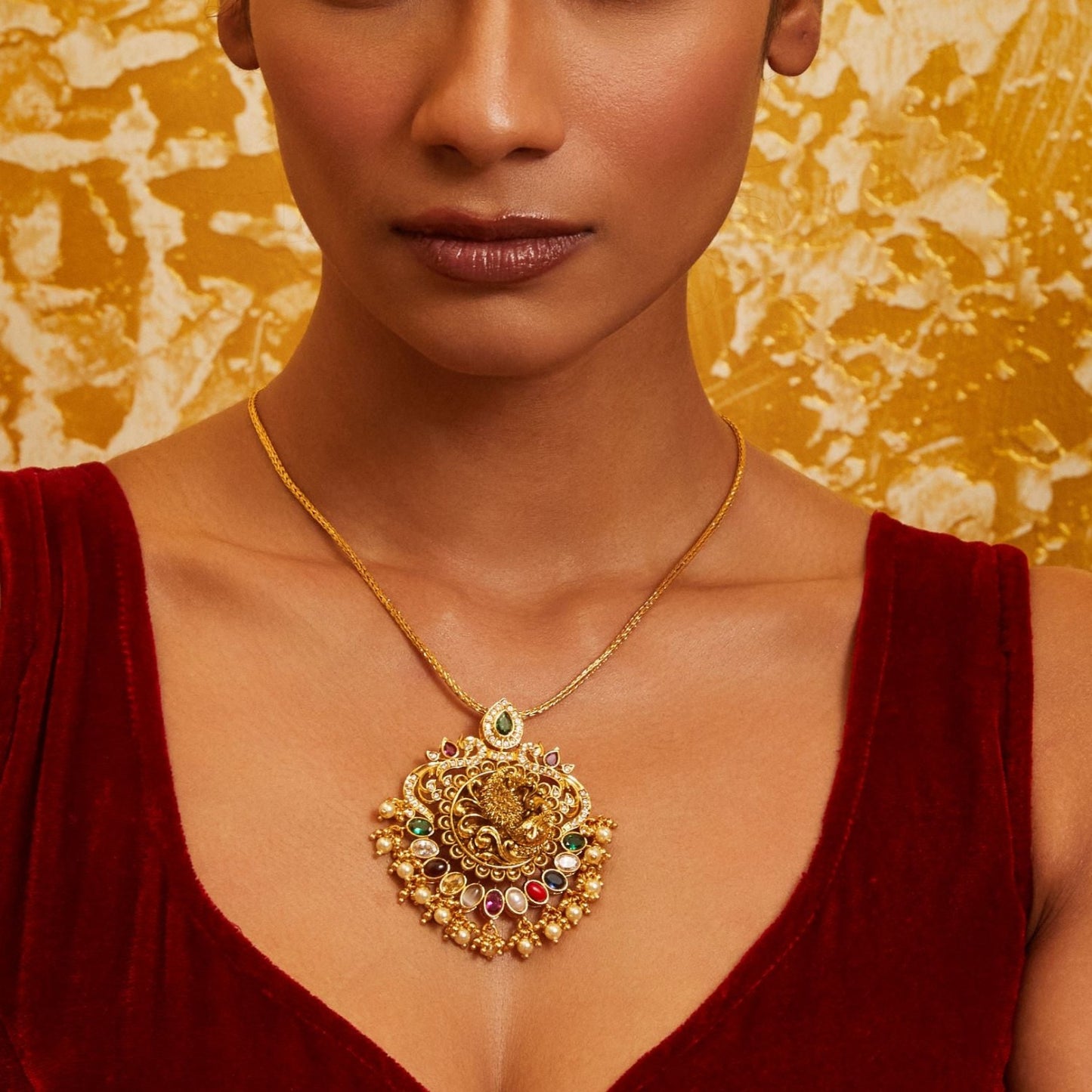 Mayuri CZ Silver Navaratna Pendant Necklace