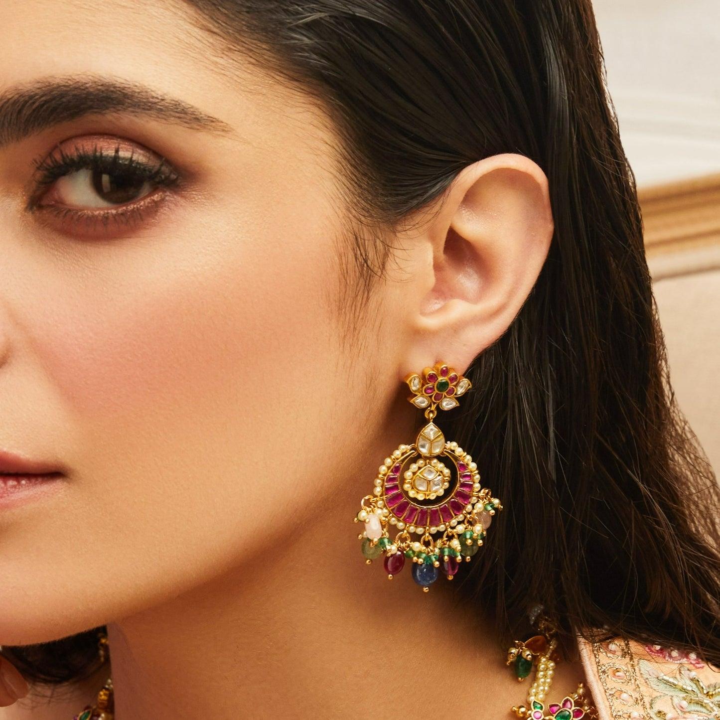 Elegant Jadau Blossom Silver Chandbali Earrings