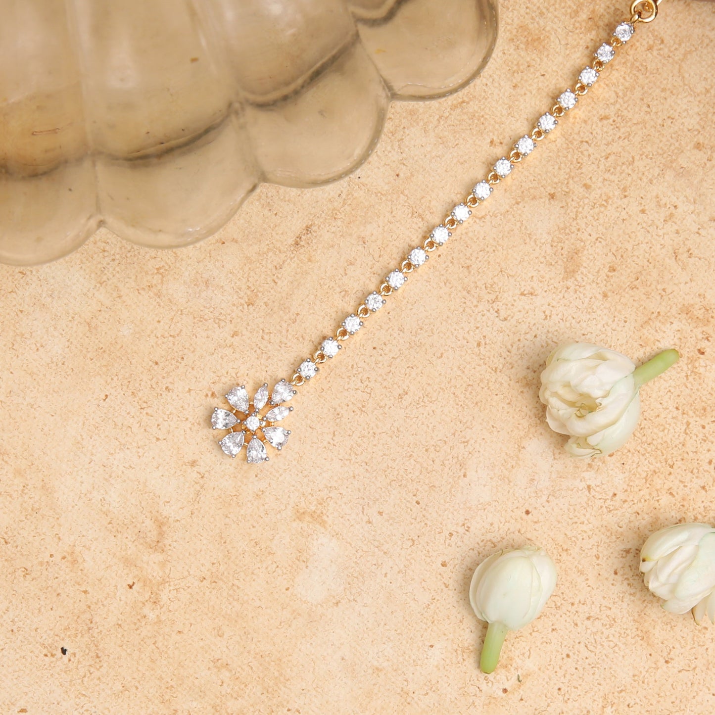 Nivara Floral CZ Silver Maang Tikka