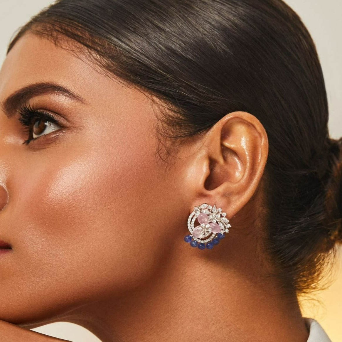 Floral Harmony Beaded CZ Silver Stud Earrings