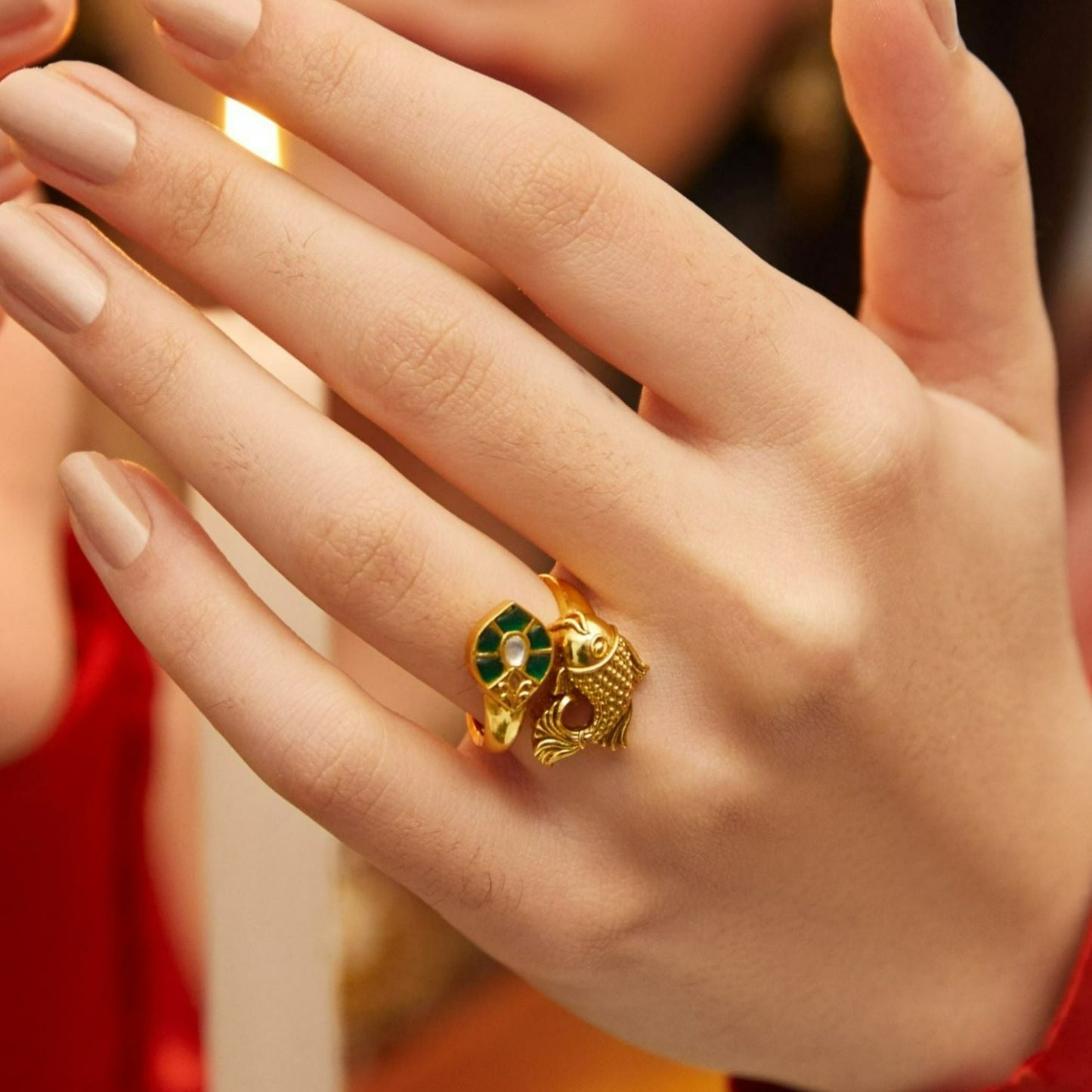 Meena Kavya Antique Gold Finish Silver Finger Ring
