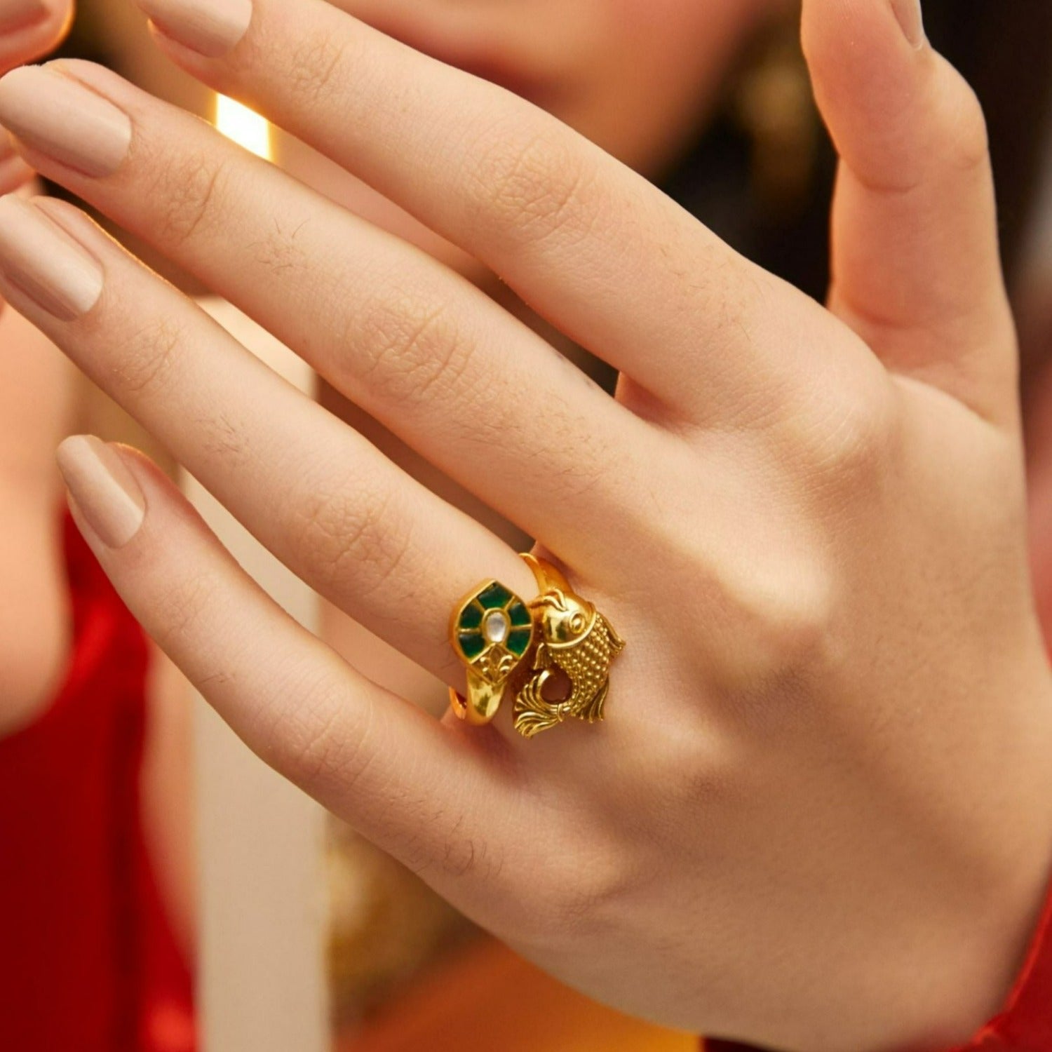Meena Kavya Antique Gold Finish Silver Finger Ring