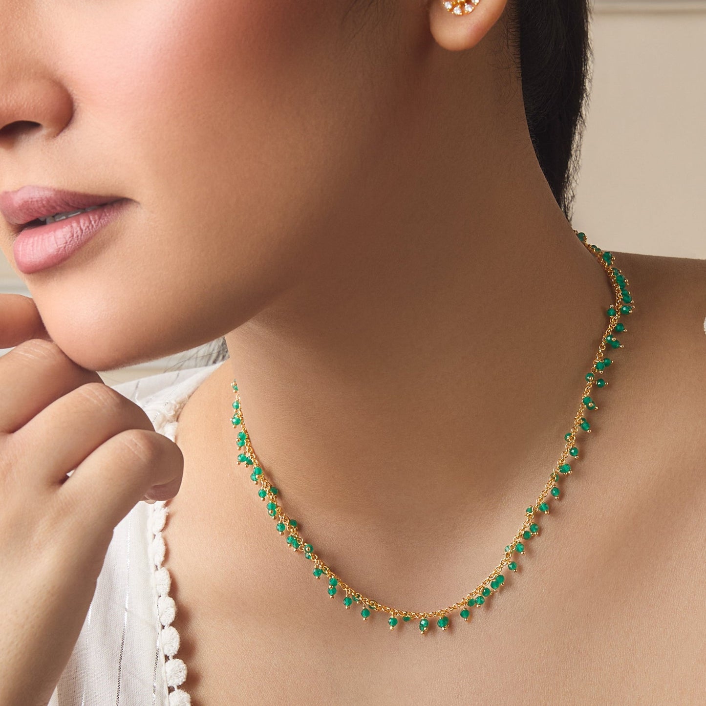 Arfa Green Beads Silver Necklace
