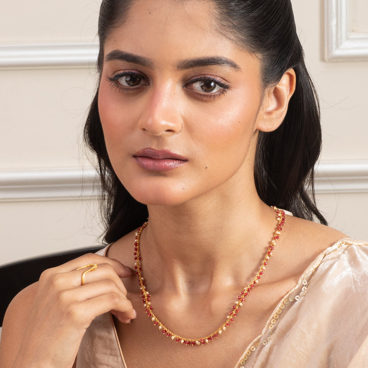 Meera Ruby Beads Silver Necklace