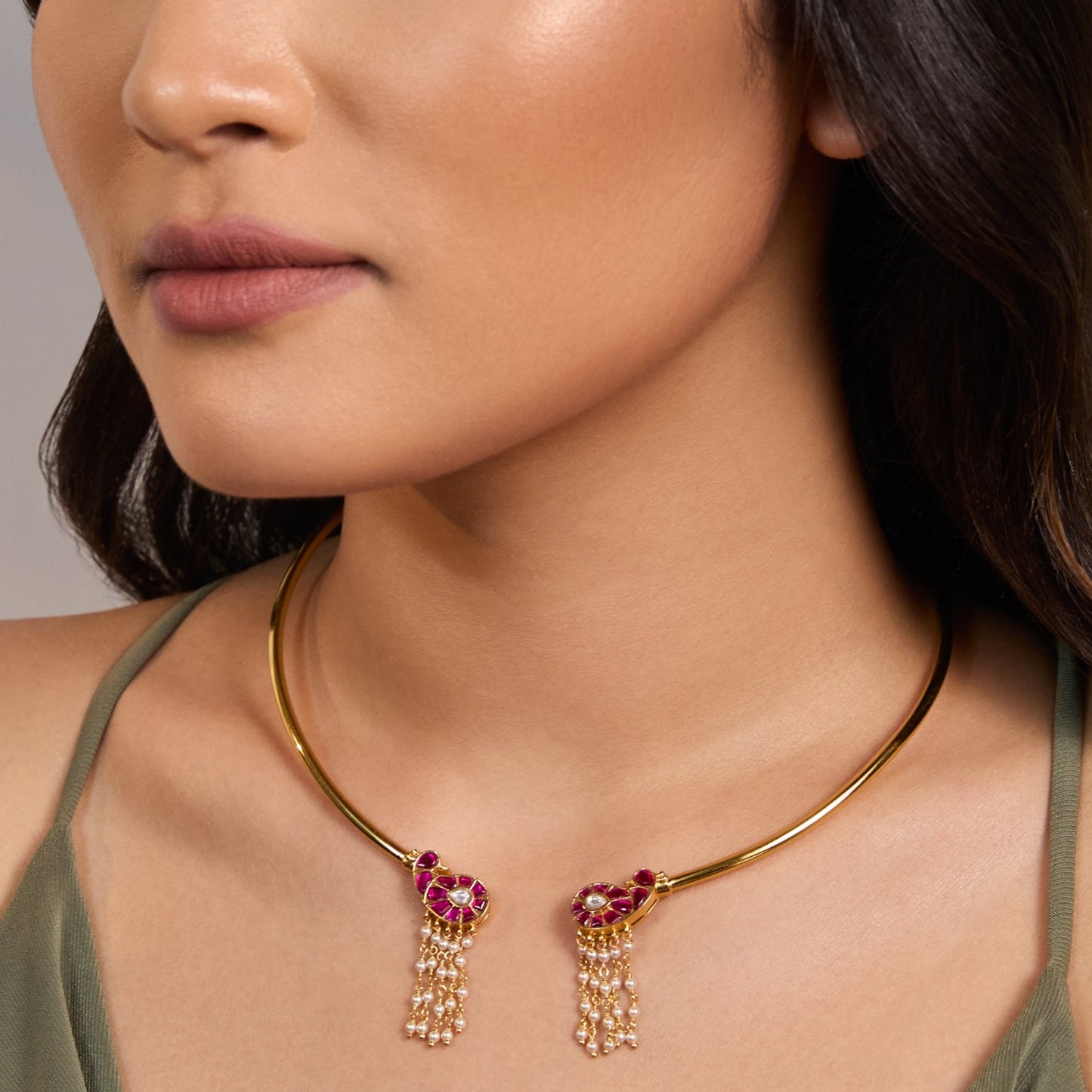 Mayur Jadau and Pearl chain Gold plated Silver Hasli
