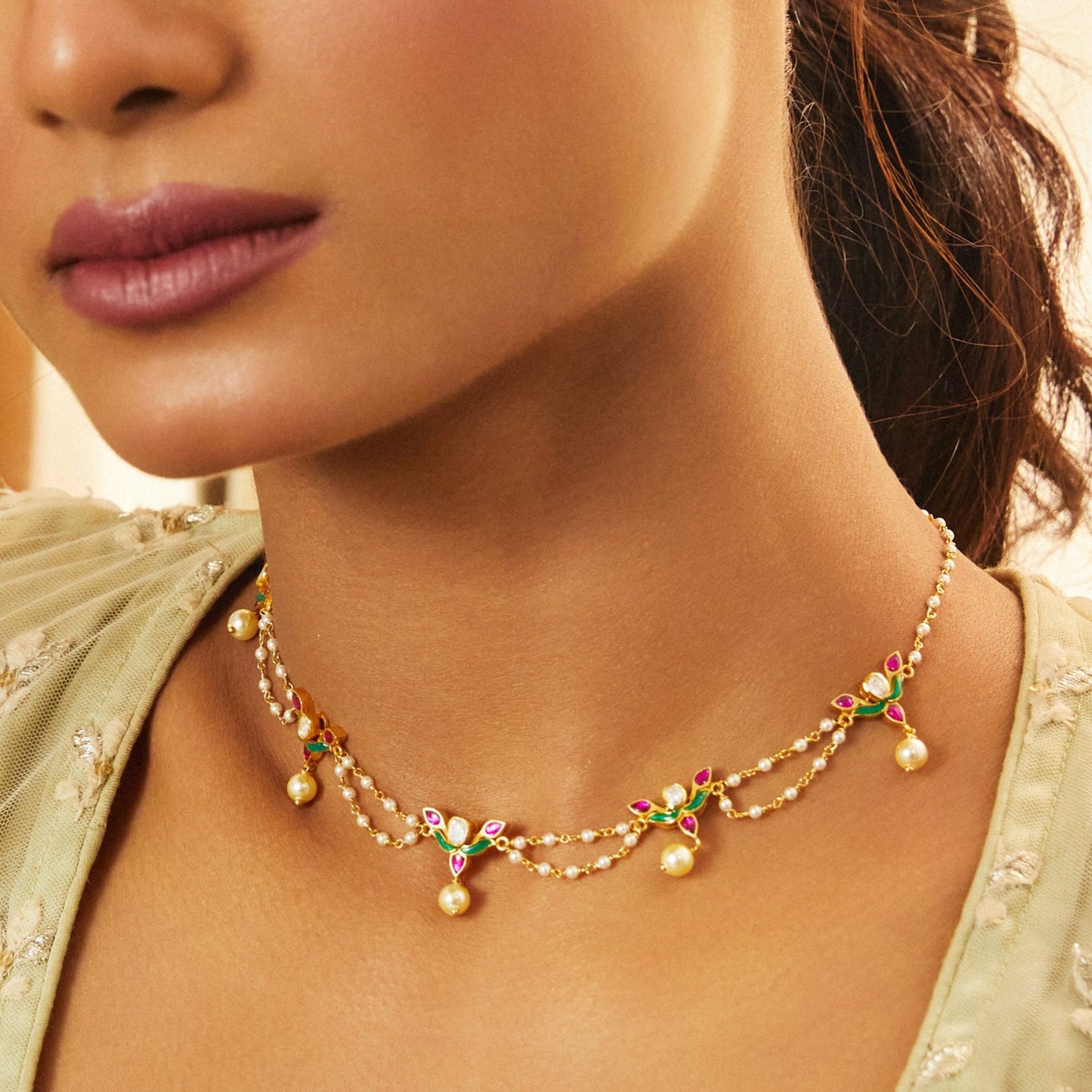 Kusum Gold Plated Jadau and Pearl chain Choker