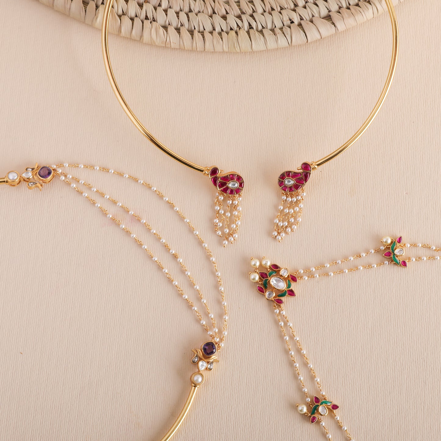 Mayur Jadau and Pearl chain Gold plated Silver Hasli