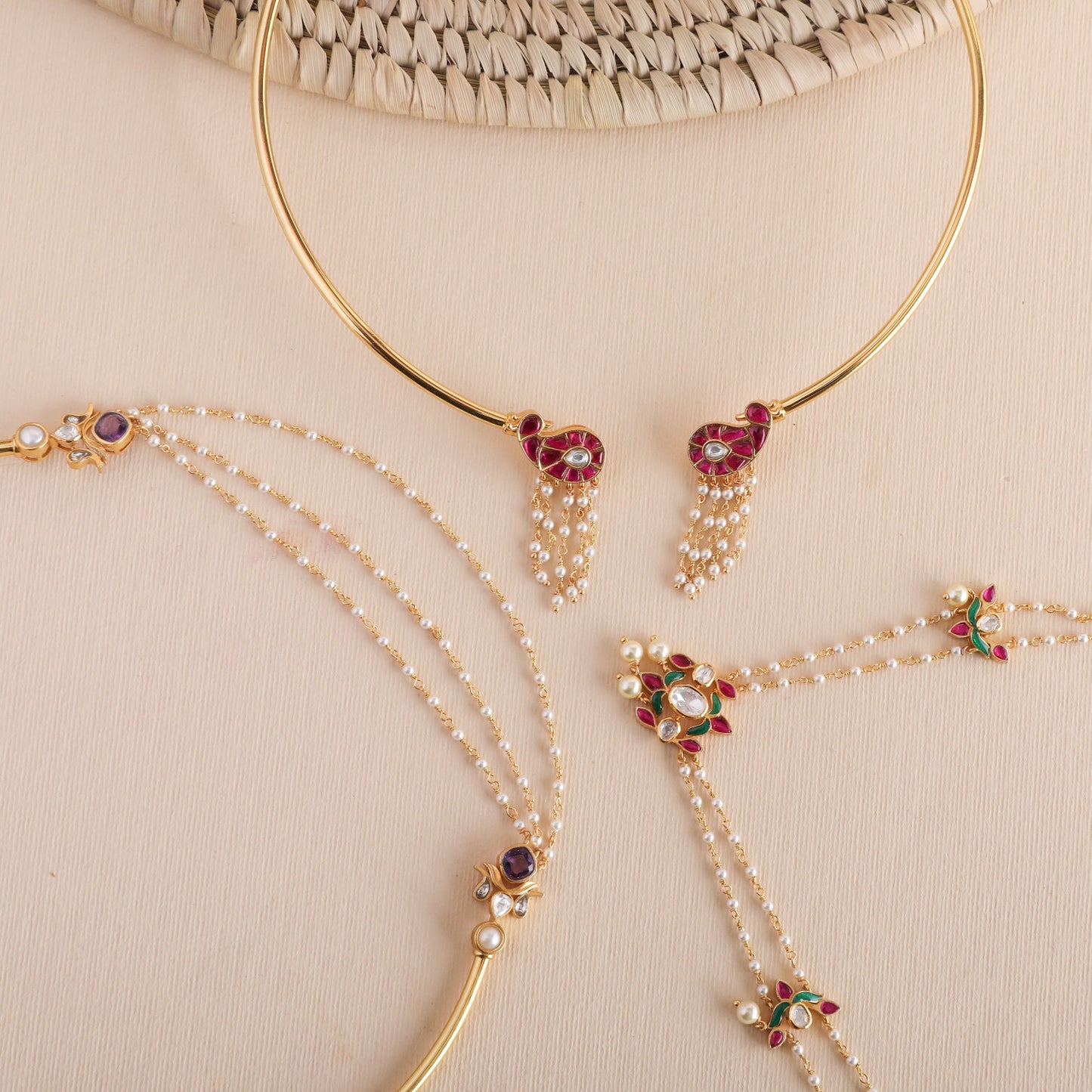 Malini Gold Plated Jadau and Pearl chain Short Necklace