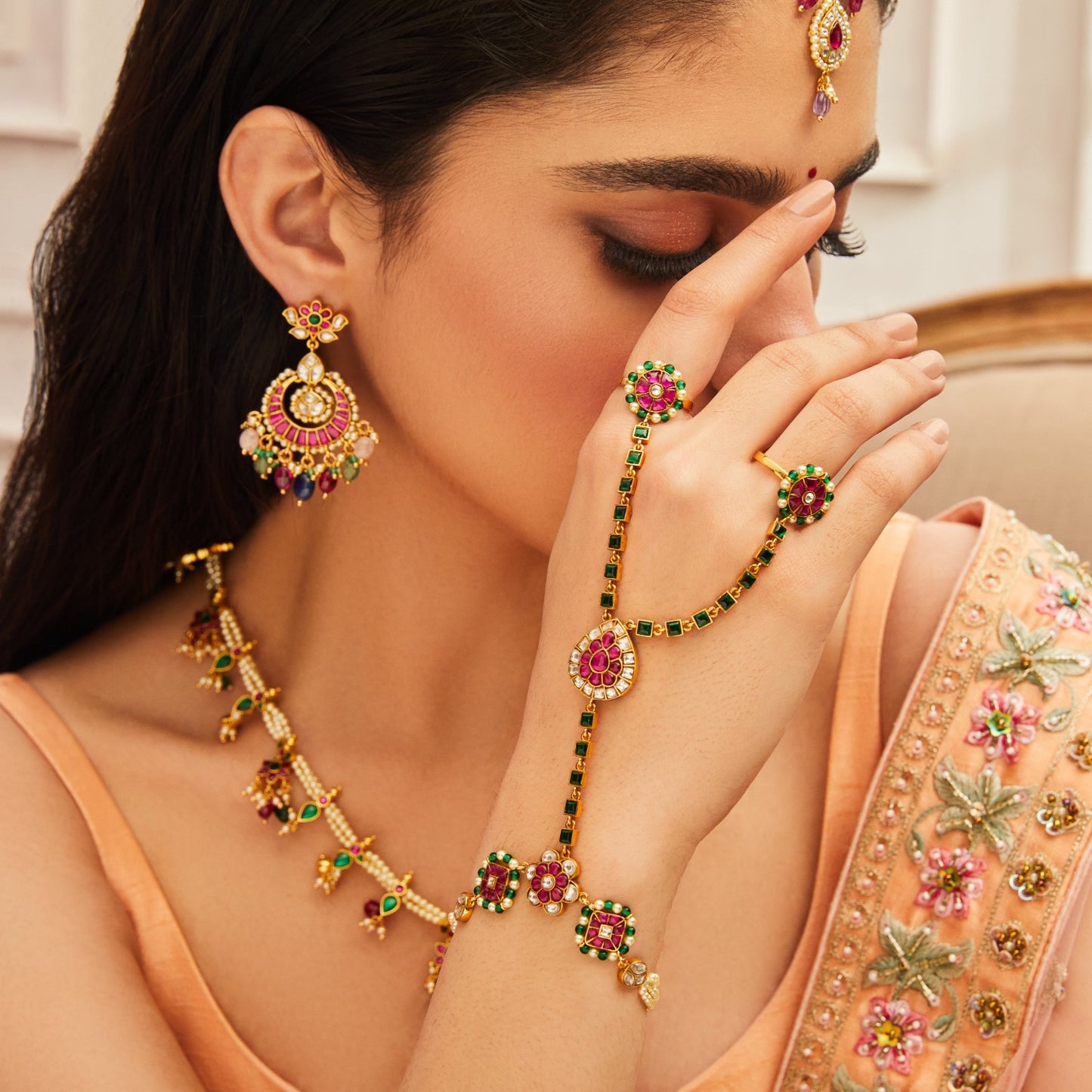 Elegant Jadau Blossom Silver Chandbali Earrings