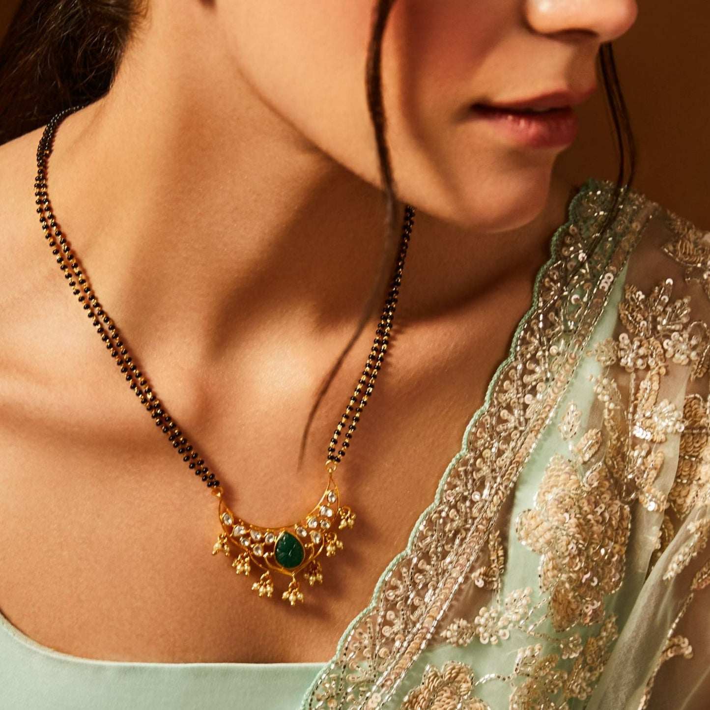 Carved Green Moissanite Silver Mangalsutra Necklace