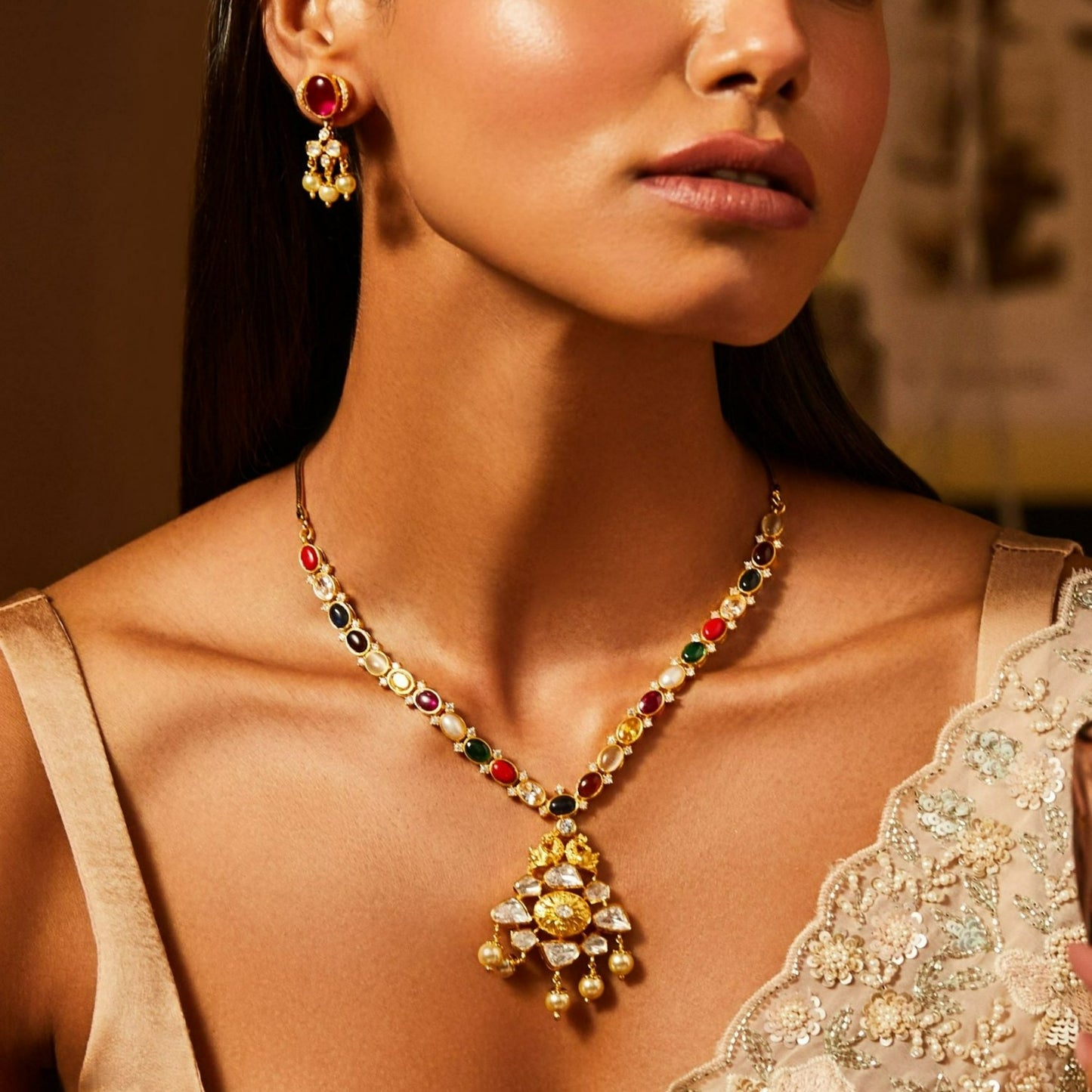 Moissanites and Peacock Motif Navratna Silver Necklace