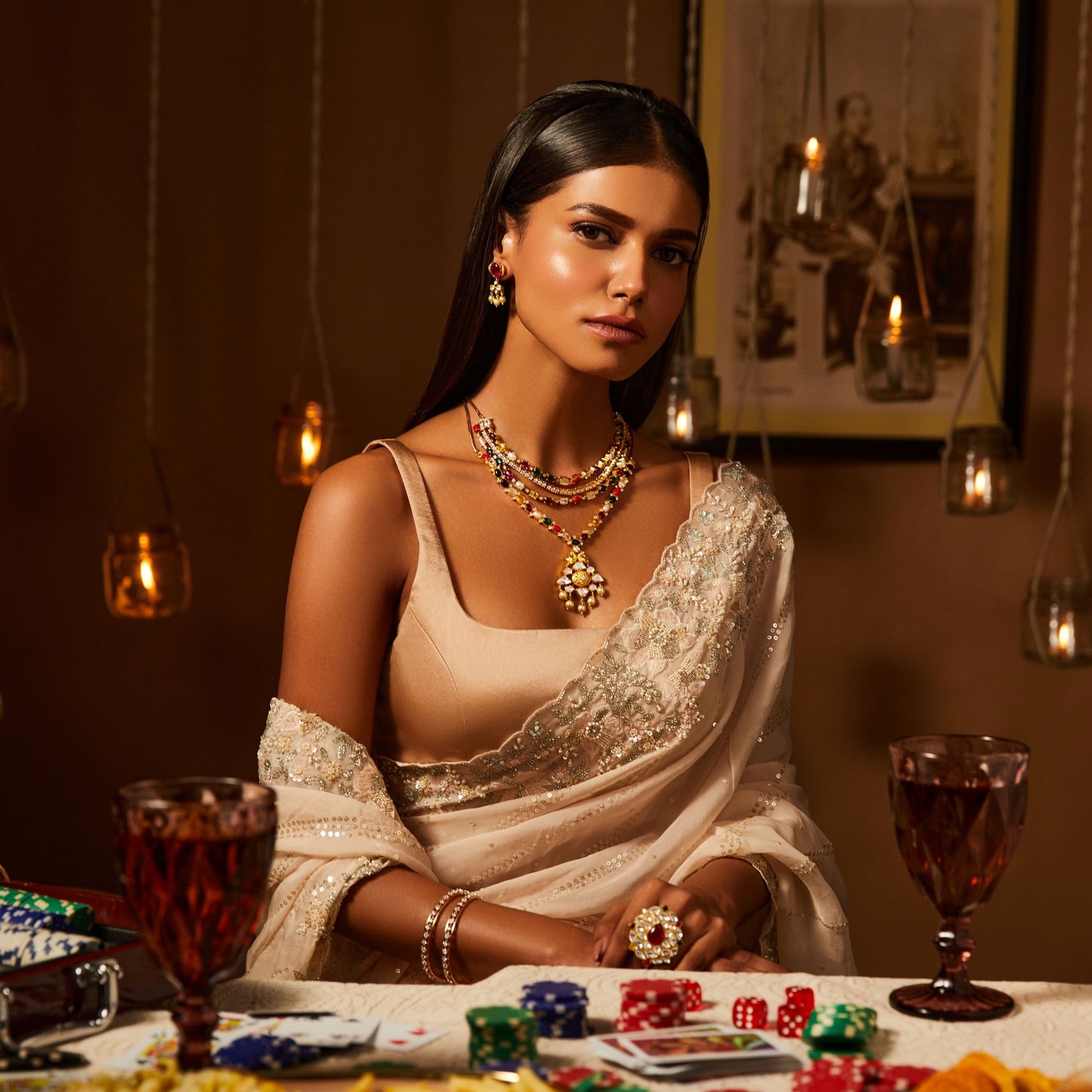 Moissanites and Peacock Motif Navratna Silver Necklace