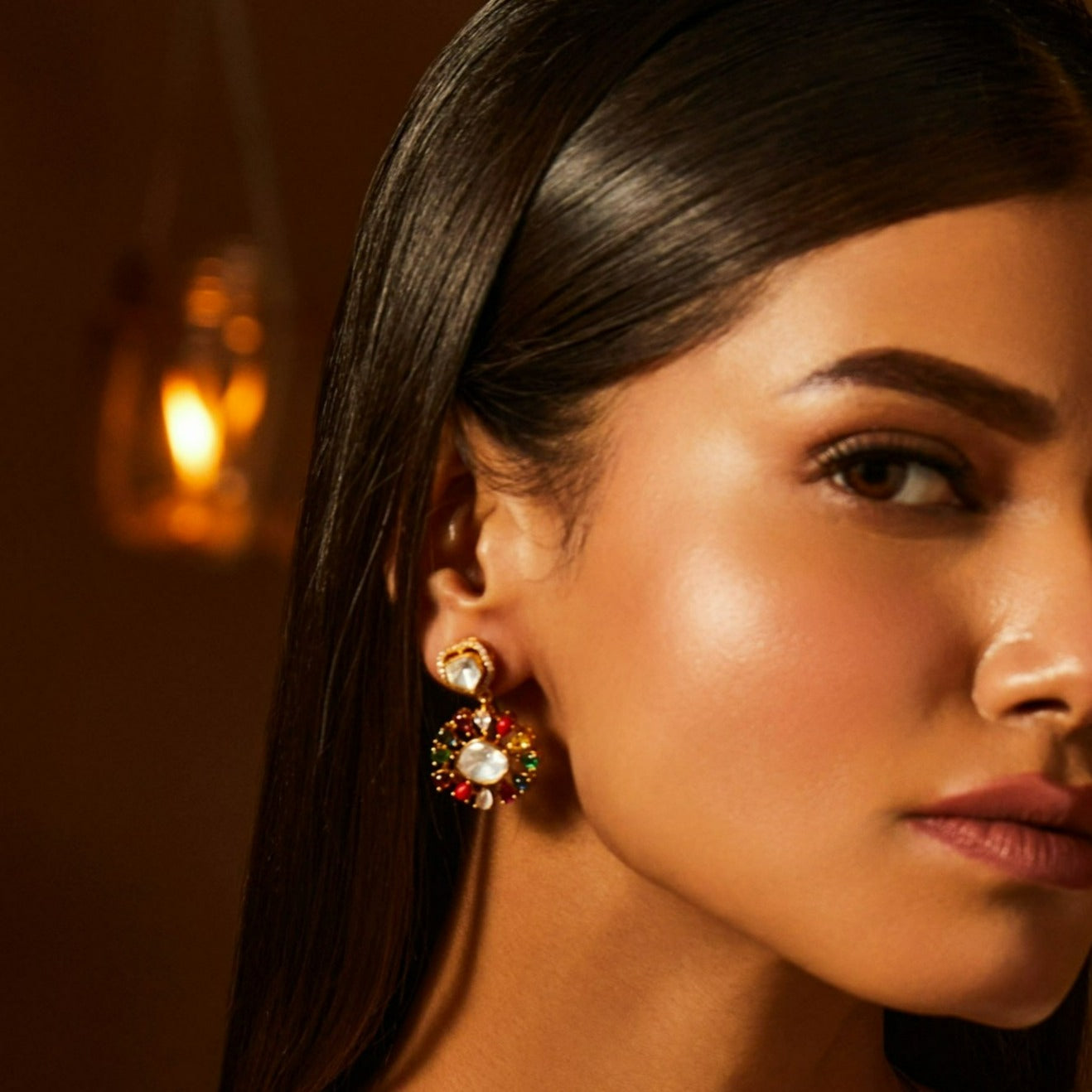 Navratna and Moissanites Brilliance Silver Drop Earrings