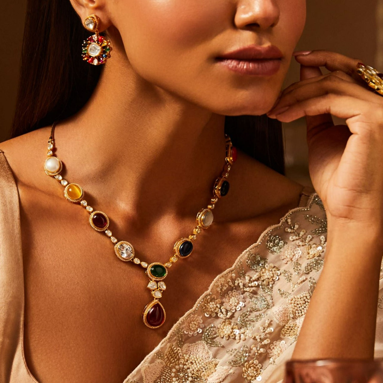 Navratna and Moissanites Brilliance Silver Necklace
