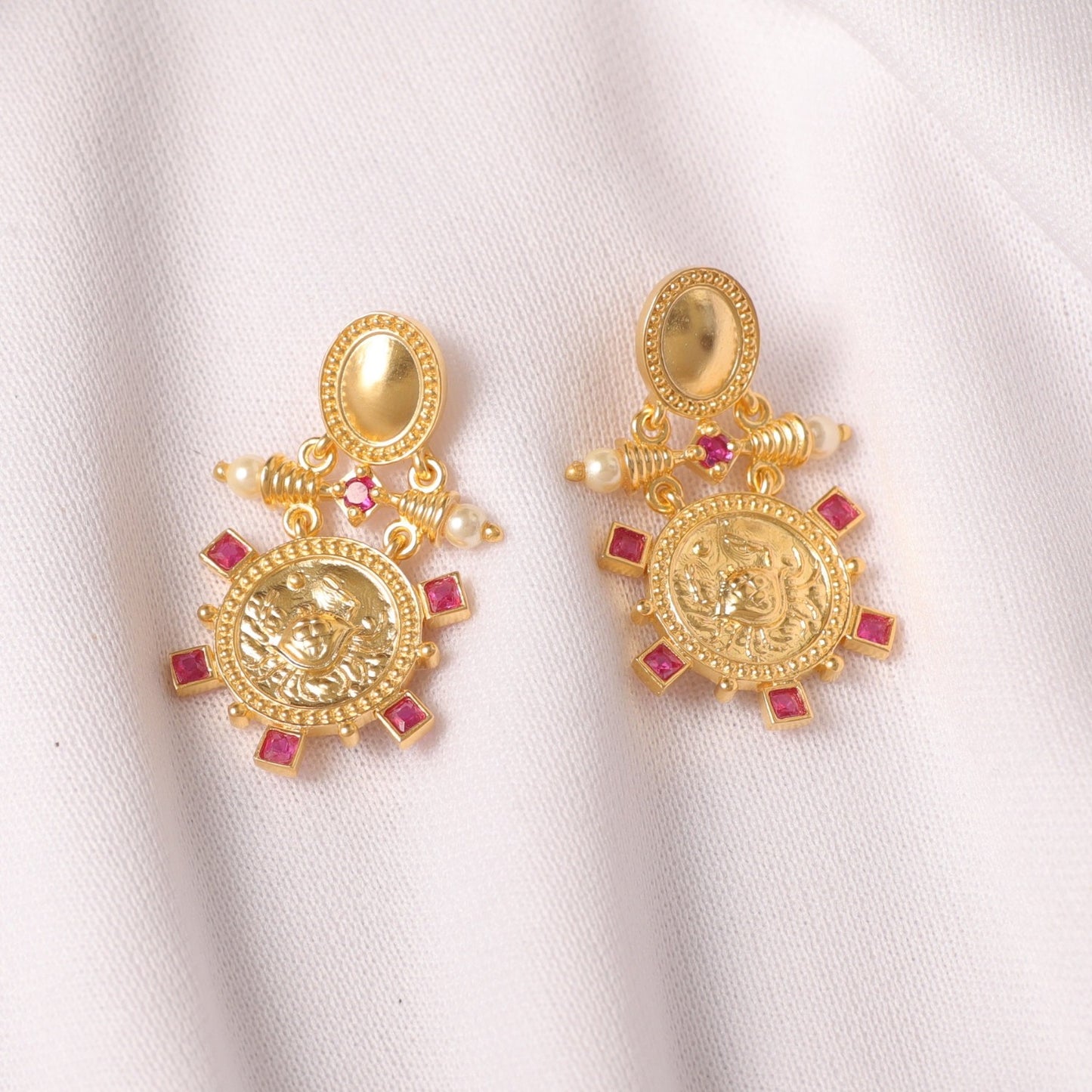 Ruby Cancer Zodiac Gold Plated Silver Earrings