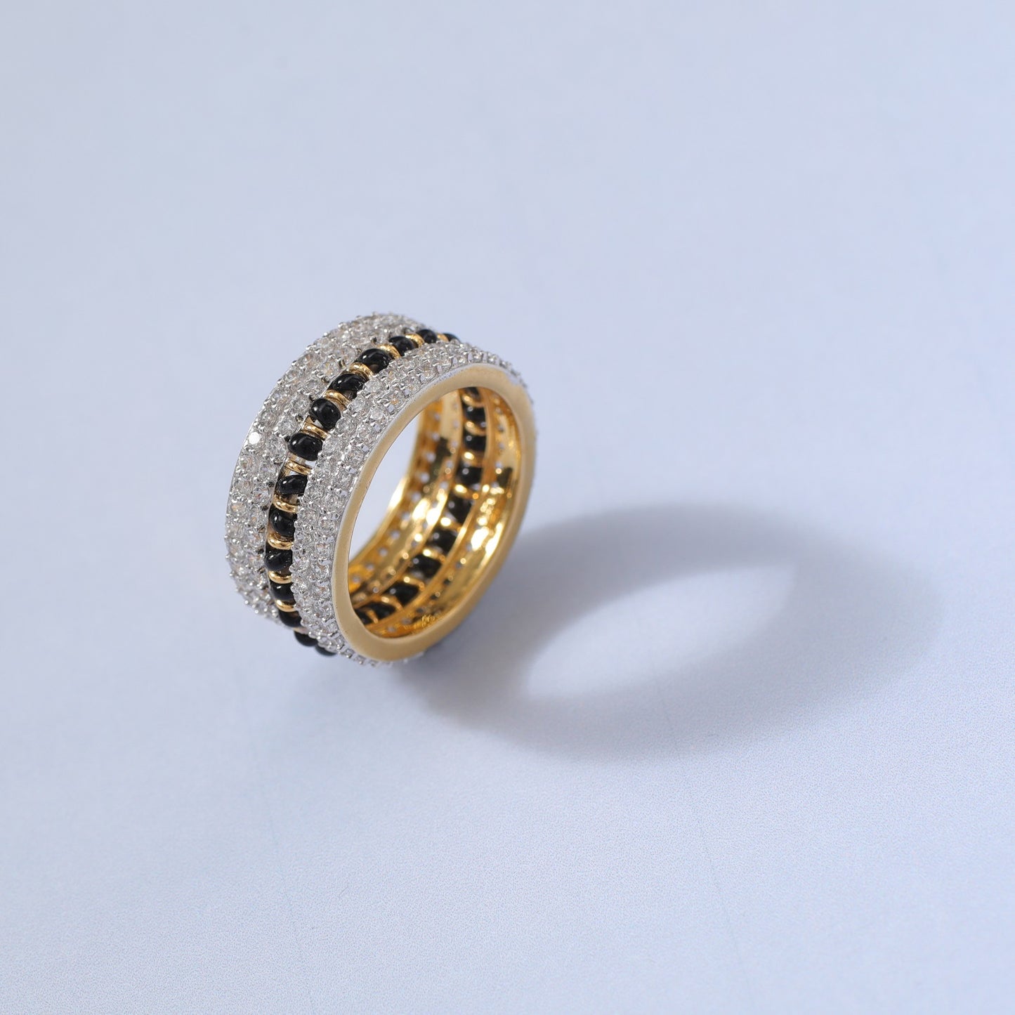 Elegant CZ Silver Black Bead Band Ring