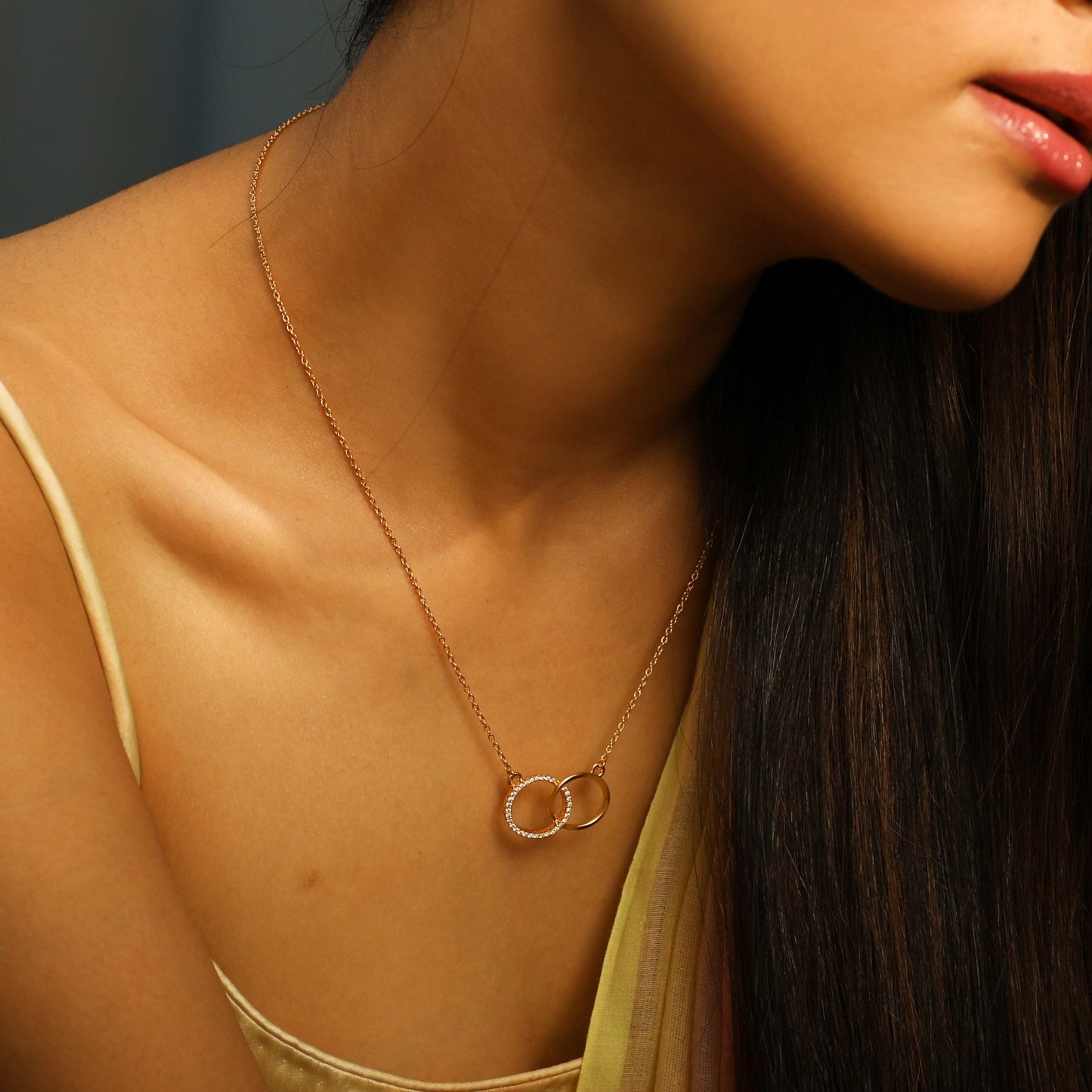 Double Ring Charm CZ Delicate Silver Pendant Necklace