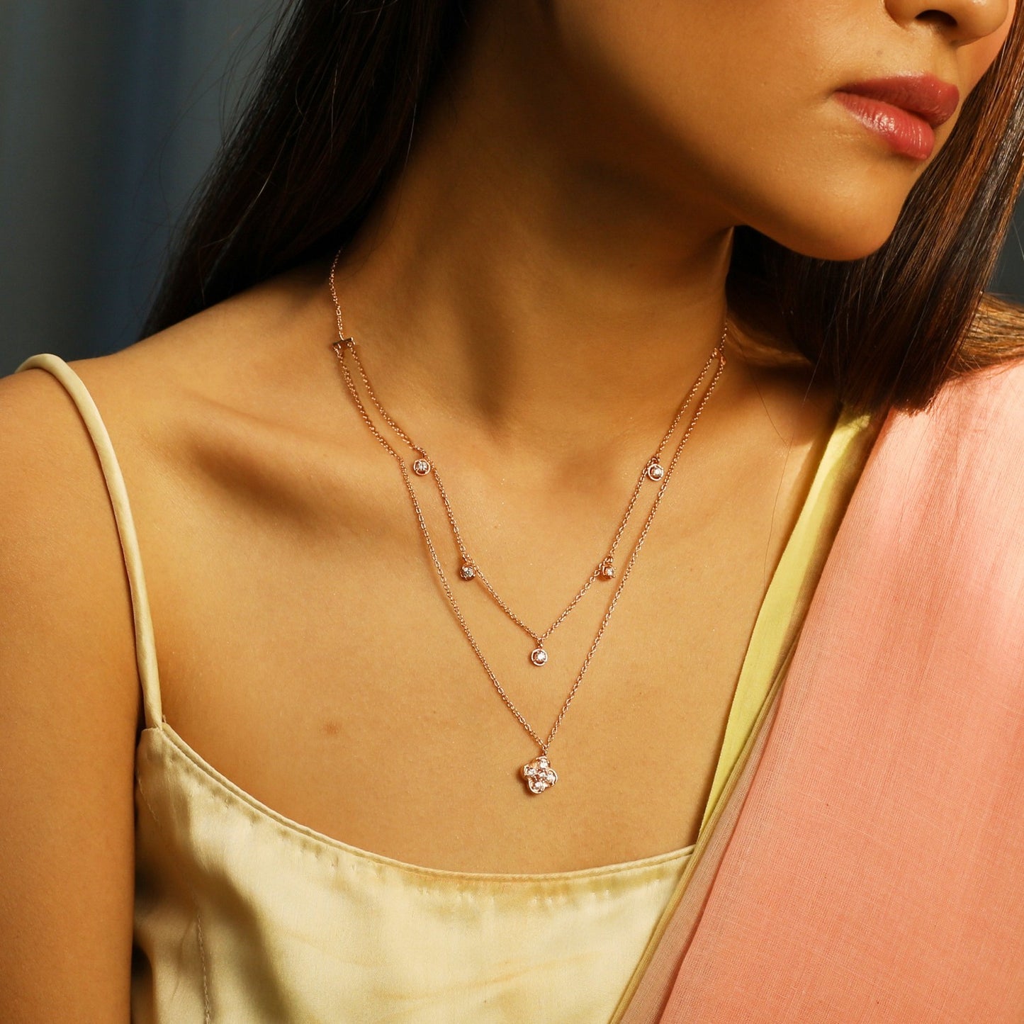 Double Layer CZ Charm Dainty Silver Necklace