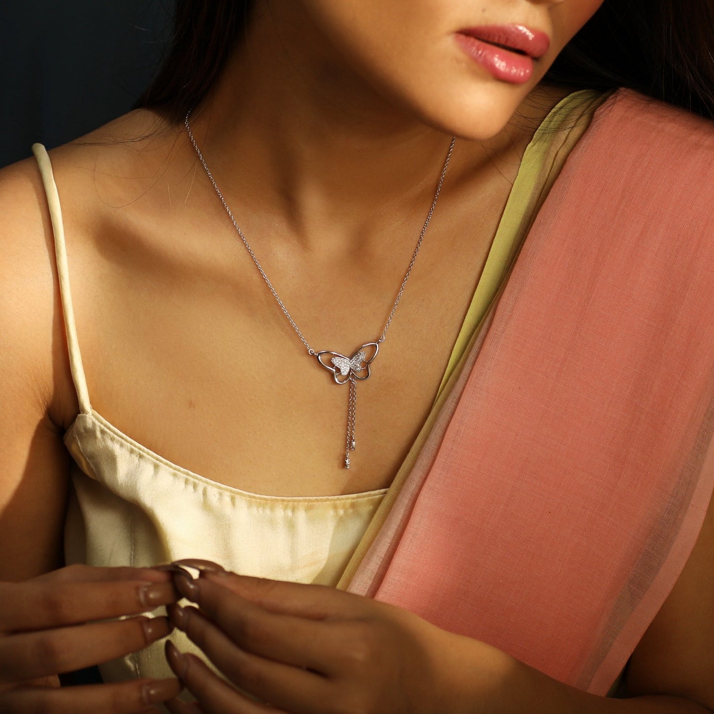 Butterfly Drop CZ Charm Delicate Silver Necklace