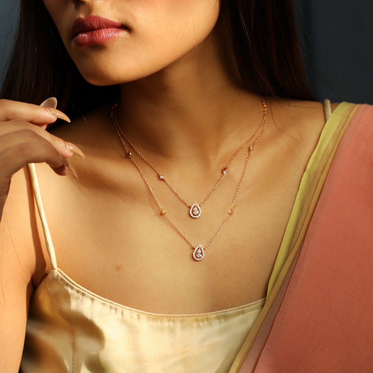 Double Layer CZ Pear Shaped Charm Delicate Silver Pendant Necklace