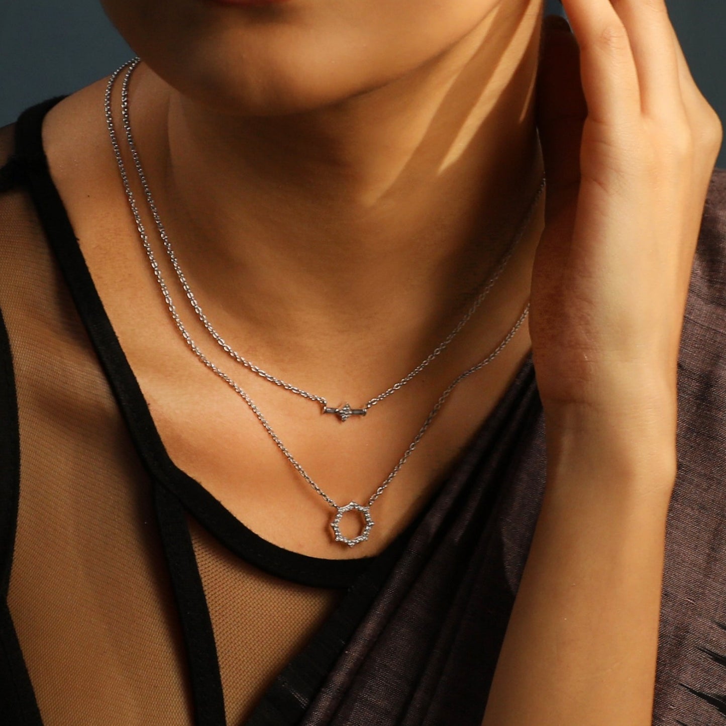 Double Line CZ Charm Delicate Silver Necklace