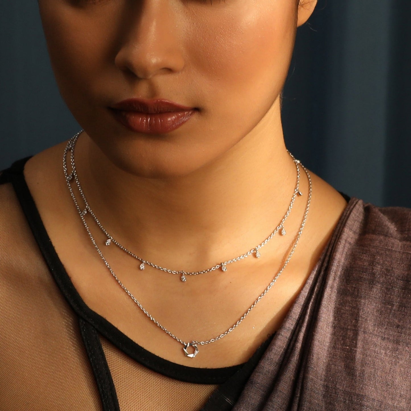 Two Layer CZ Charm Dainty Silver Necklace