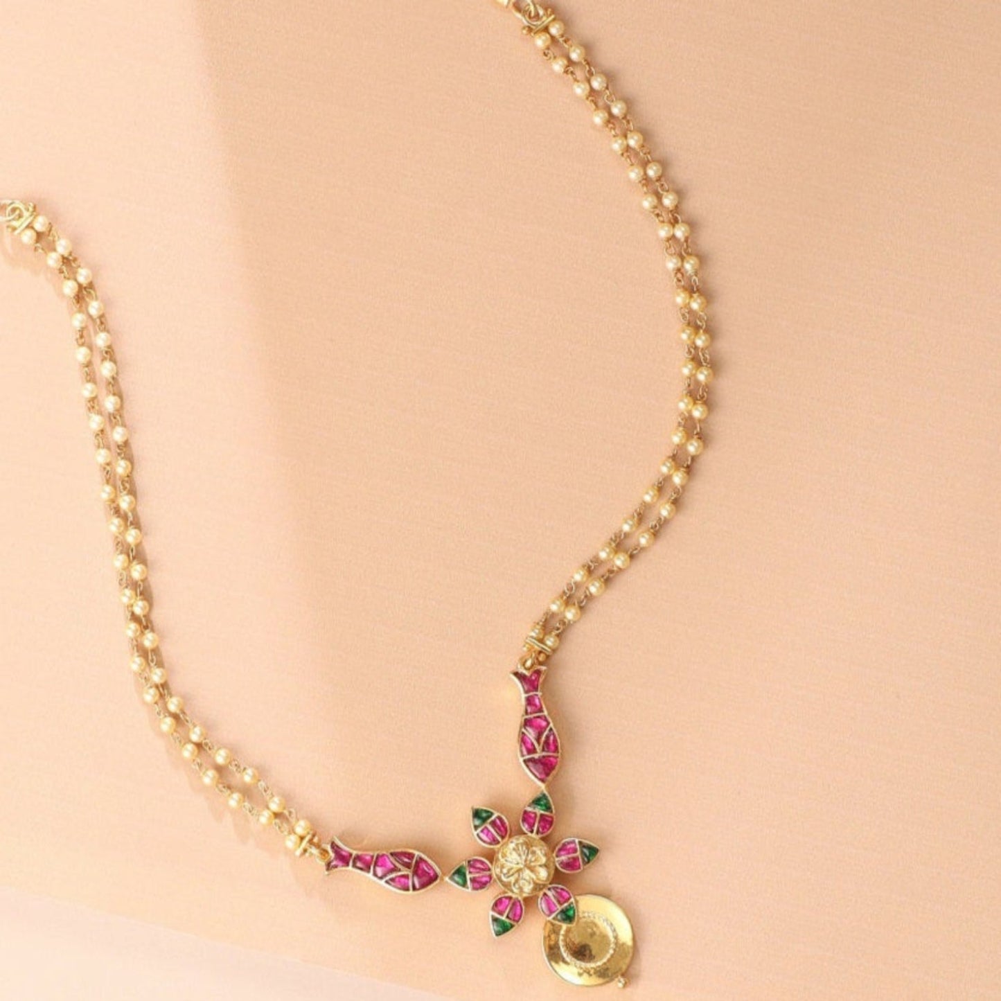 Matsya Pearl String Floral Silver Necklace