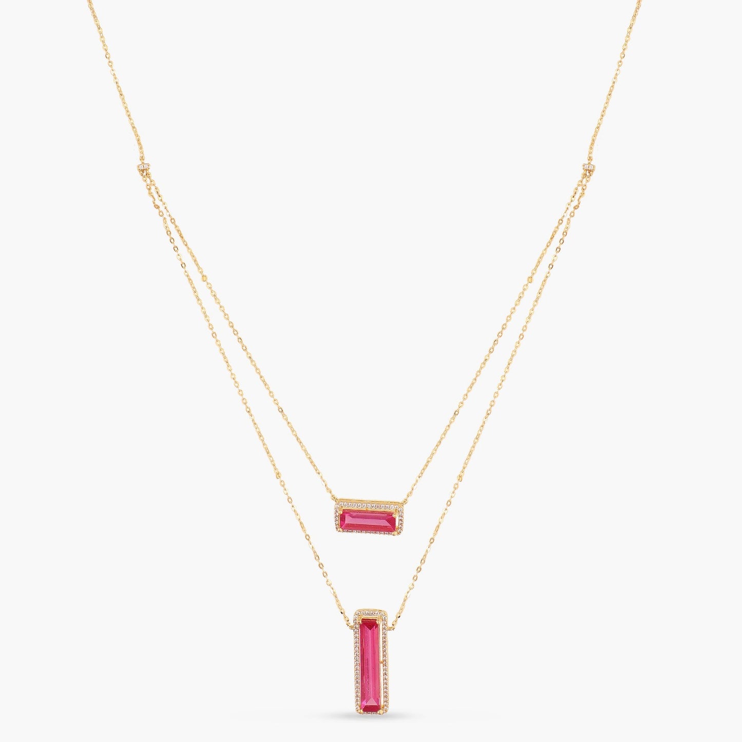 By Your Side CZ Two Layer Vertical & Horizontal Charm Silver Necklace