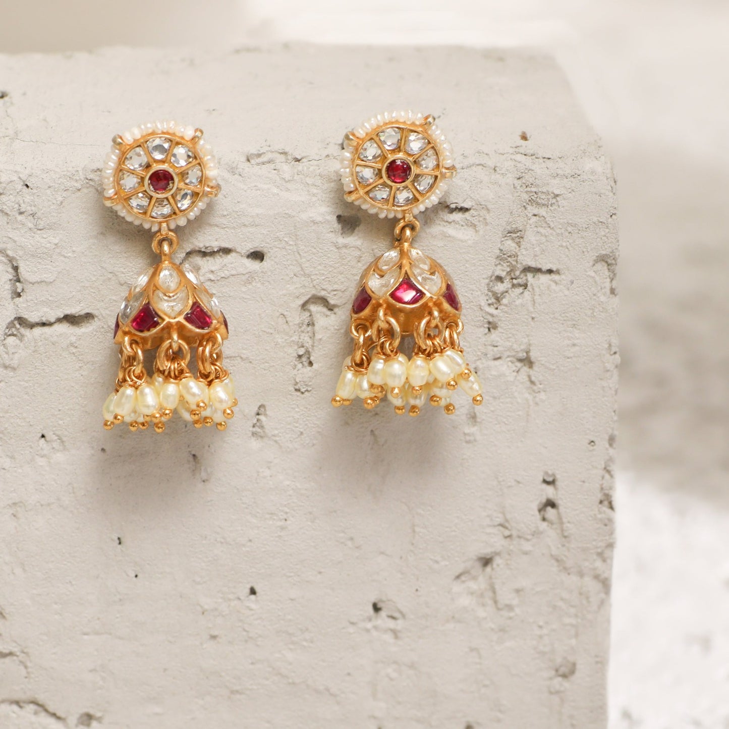 Gool Kempu Jadau Silver Jhumka Earrings