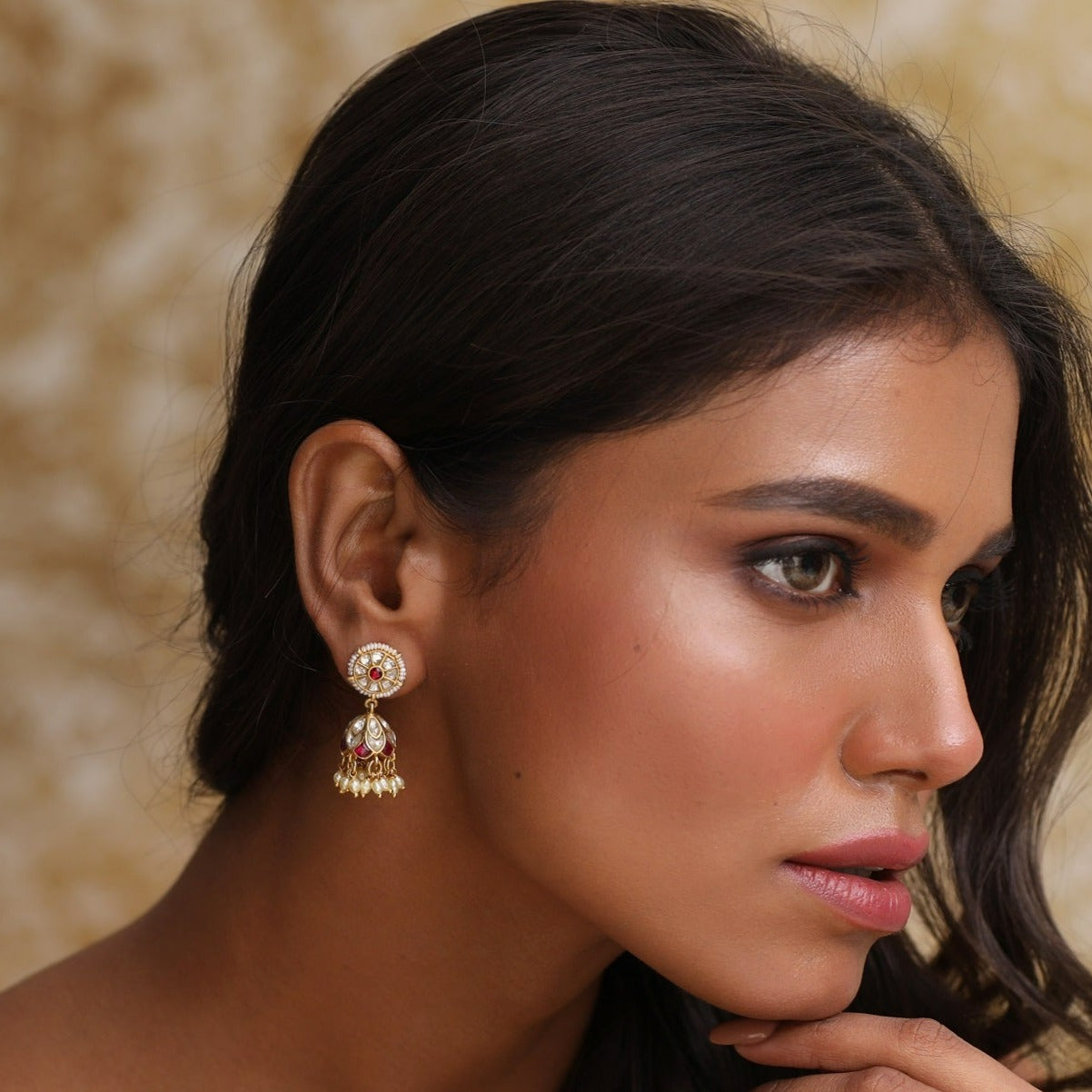Gool Kempu Jadau Silver Jhumka Earrings