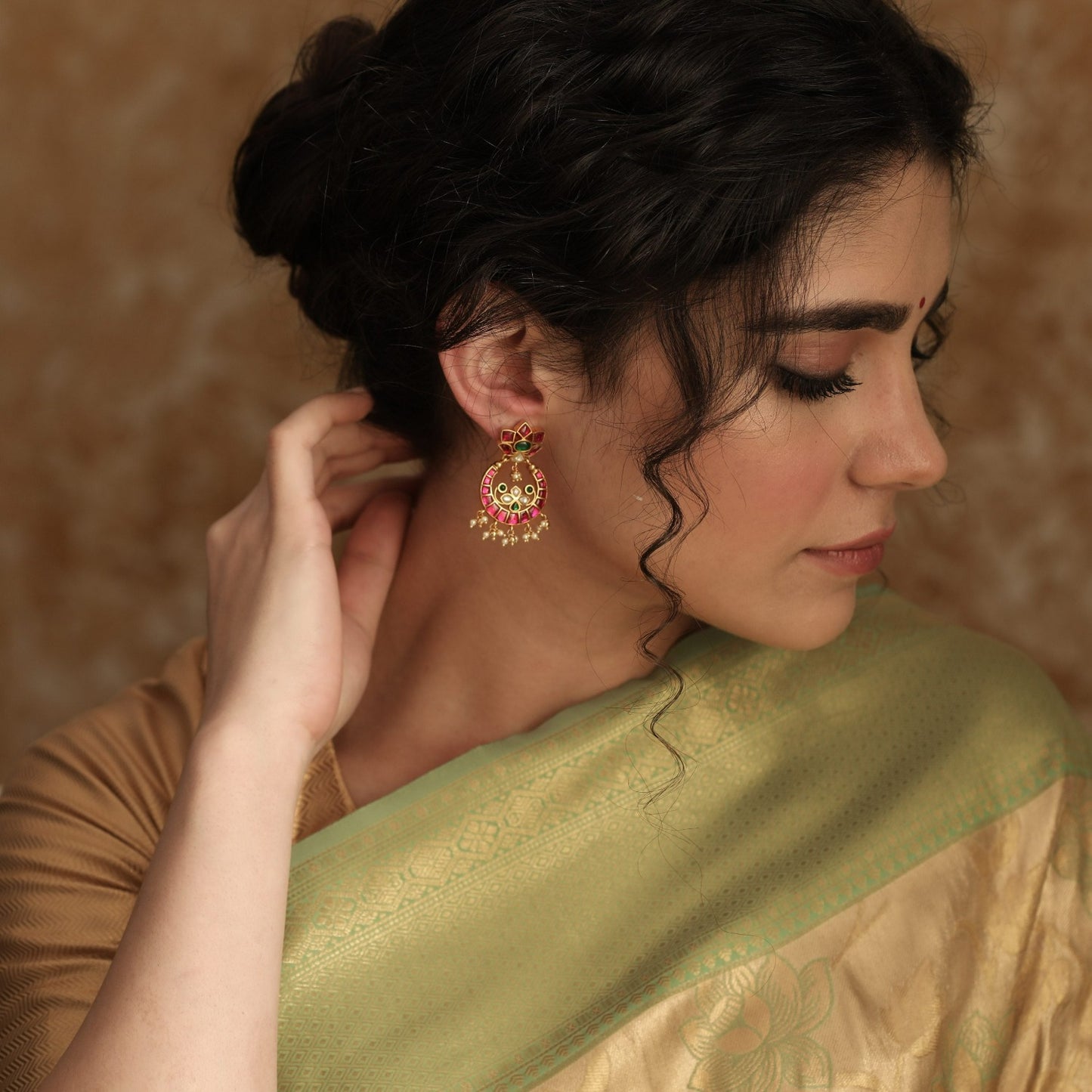 Pushpa Kempu Jadau Silver Chandbali Earrings