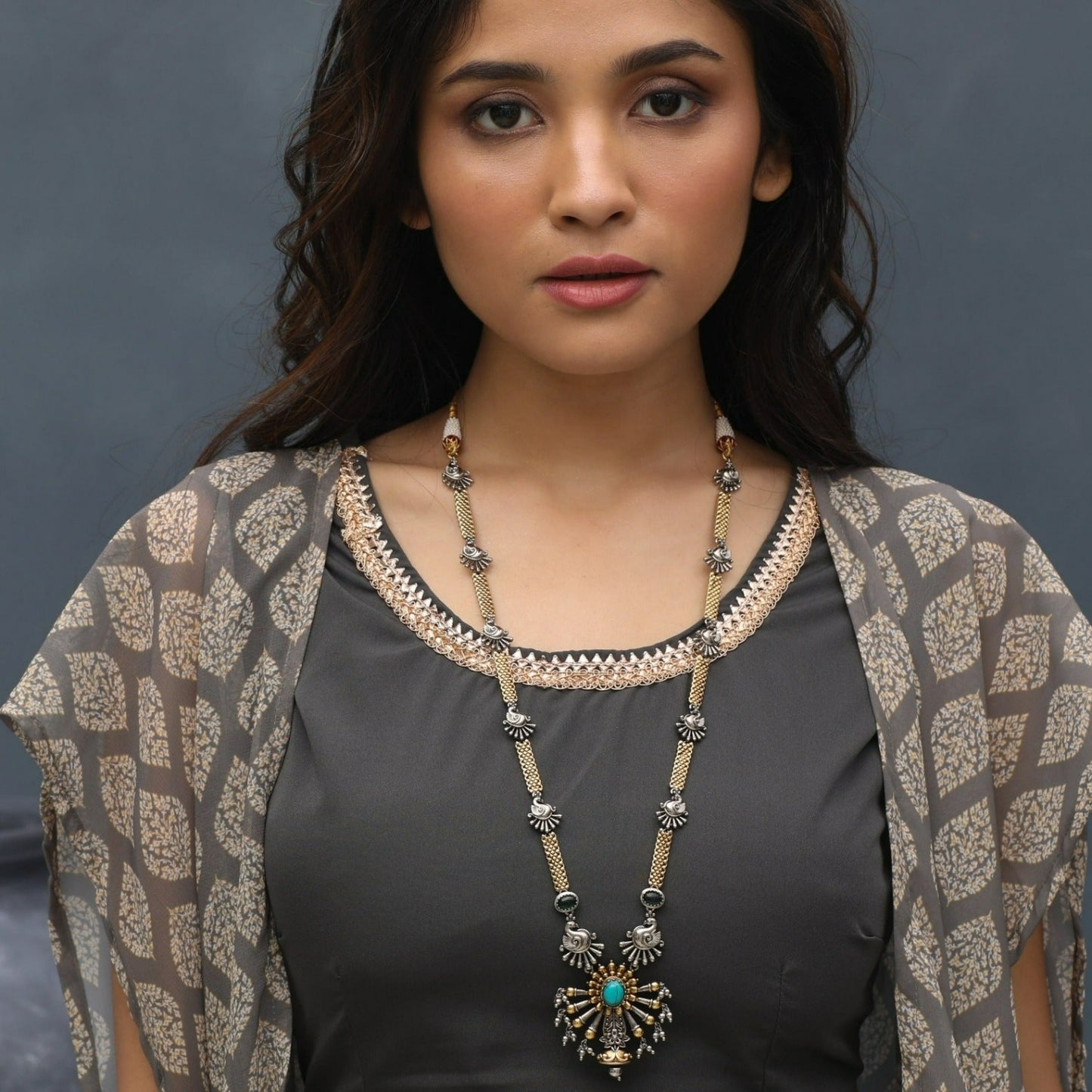 Turquoise Statement Silver Long Necklace
