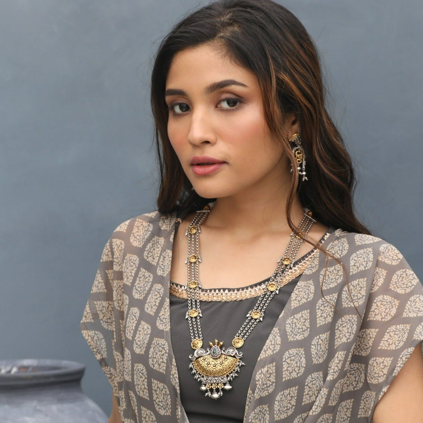Elegant Oxidized Silver Layered Long Necklace