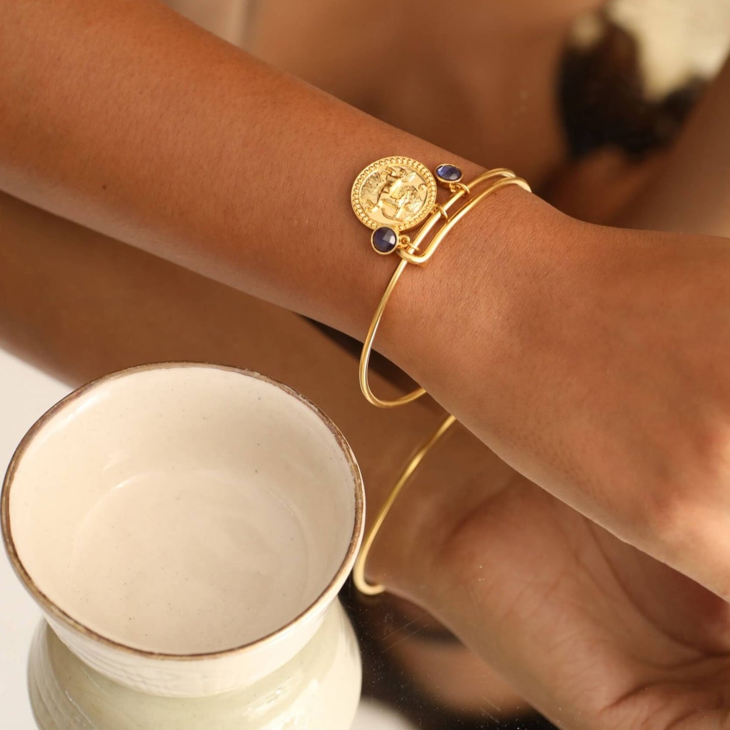 Blue Zircon Sagittarius Zodiac Coin Gold Plated Silver Bracelet