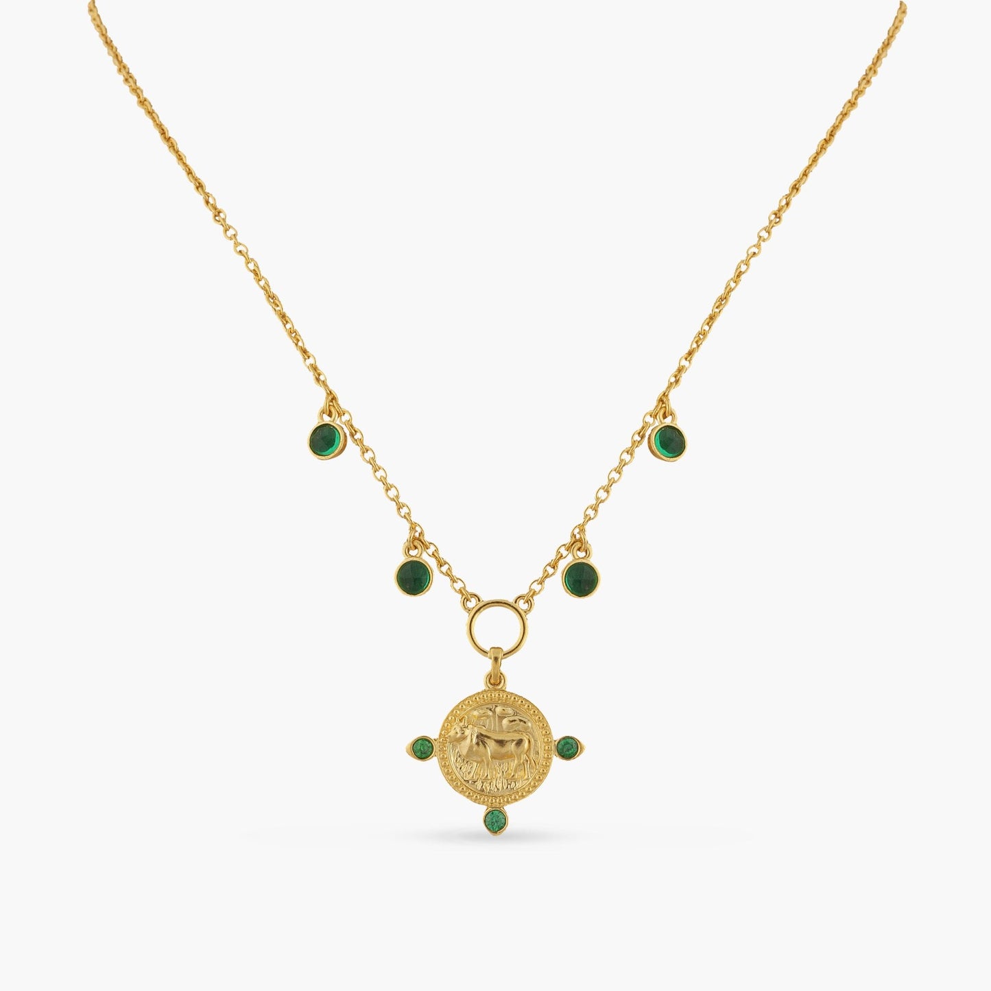 Emerald Taurus Zodiac Coin Gold Plated Silver Necklace