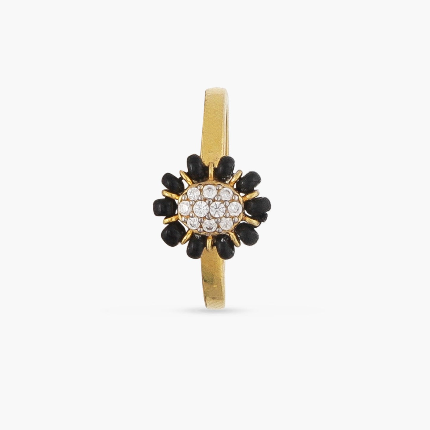 Delicate Floral CZ Silver Black Bead Ring