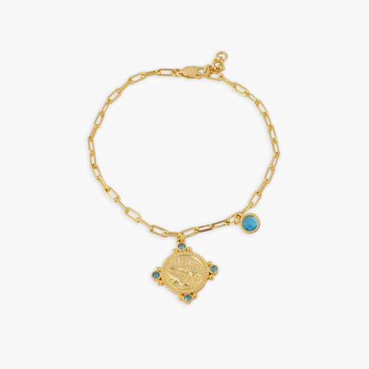 Aquamarine Pisces Zodiac Gold Plated Silver Chain Bracelet