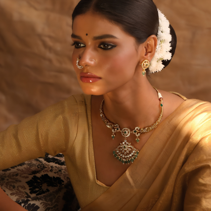 A woman wearing a gold saree with a traditional necklace, earrings, and a floral hair bun.