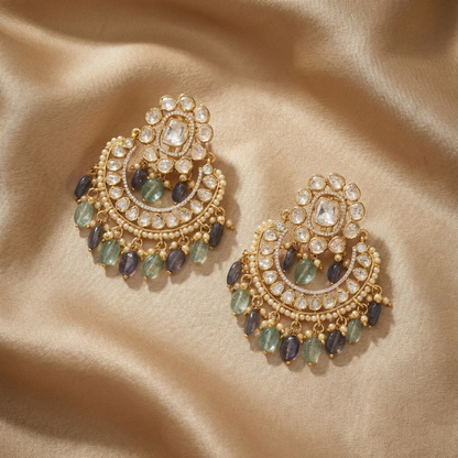 Aqua Moissanite Silver Chandbali Earrings