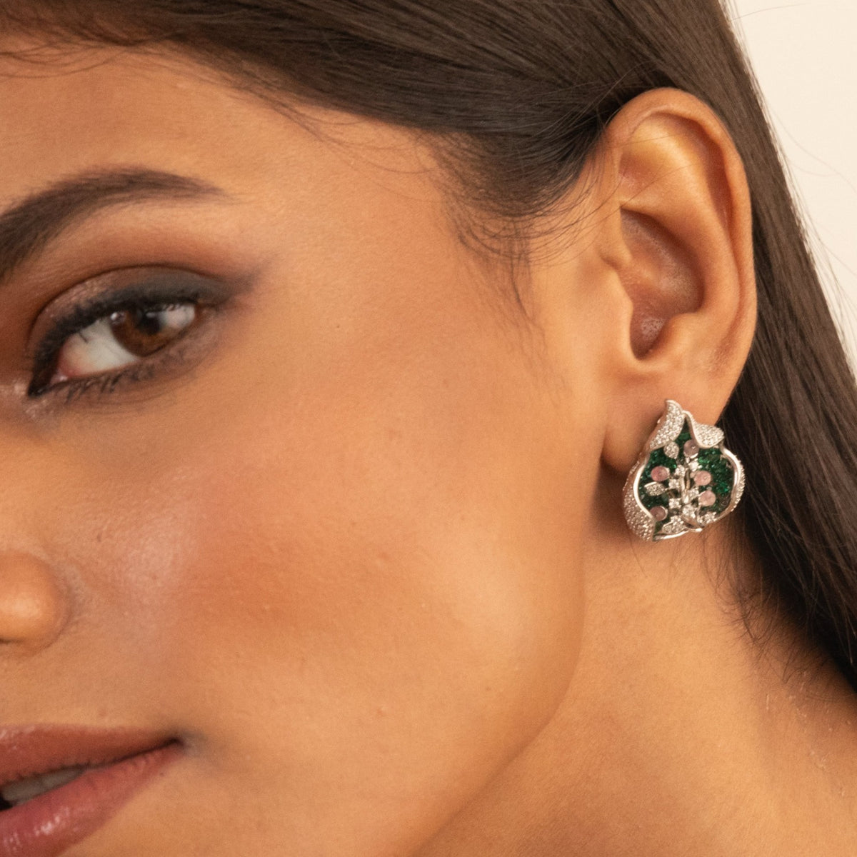 Floral Shine CZ Silver Stud Earrings 